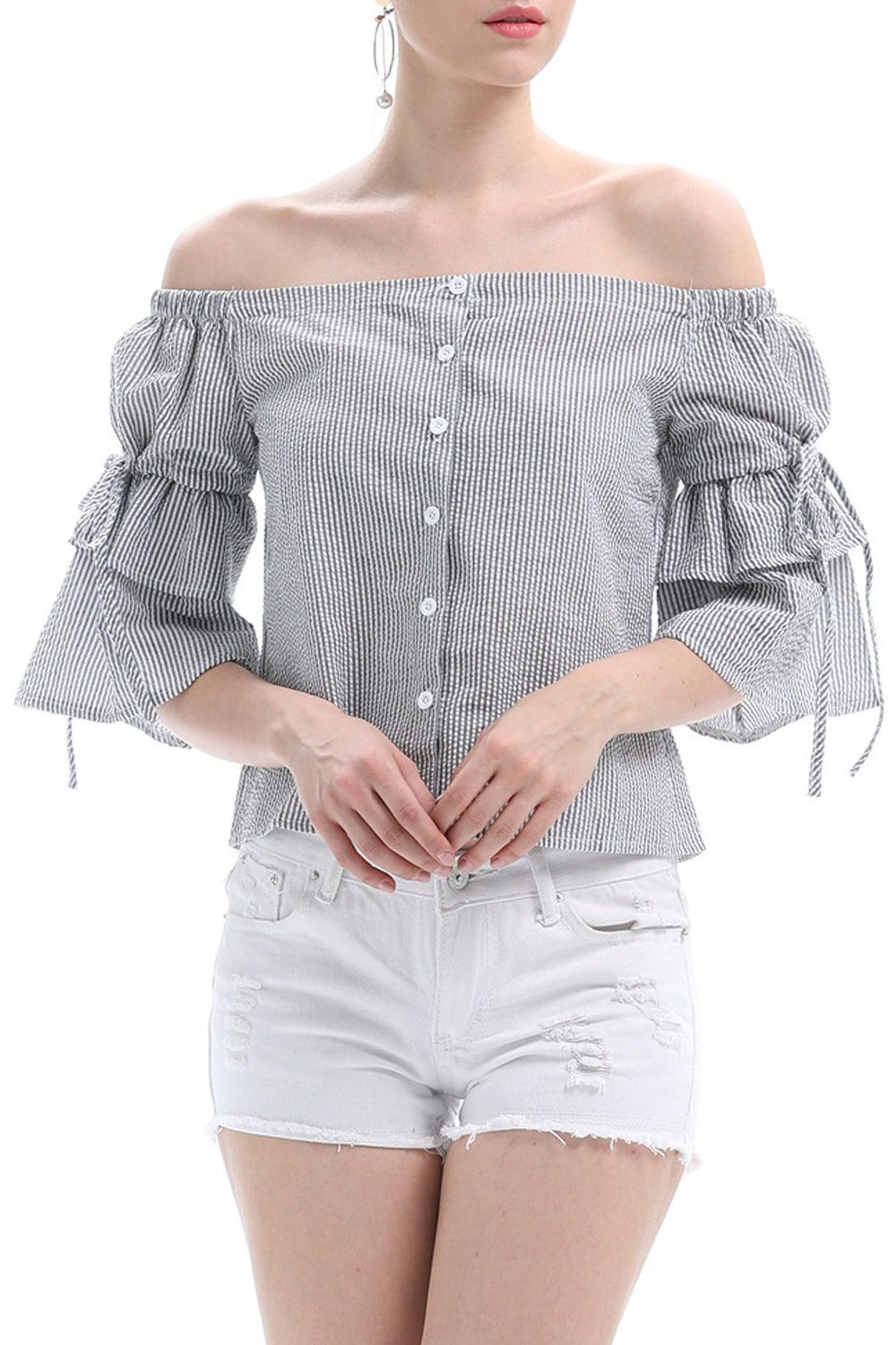 Women Striped Trumpet Sleeve Casual Top