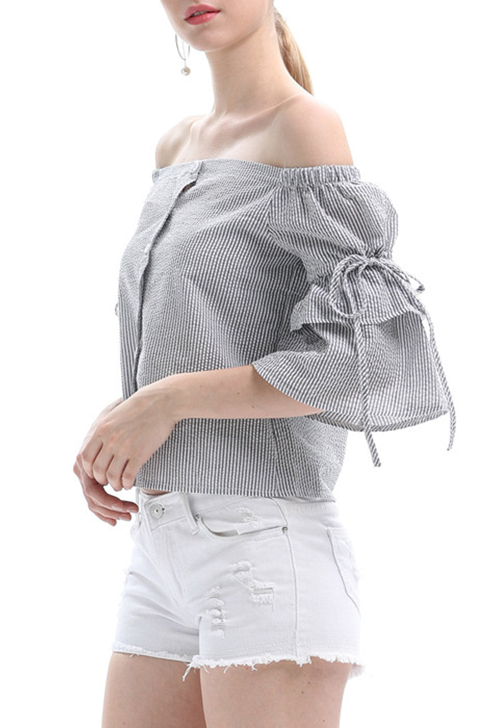 Women Striped Trumpet Sleeve Casual Top