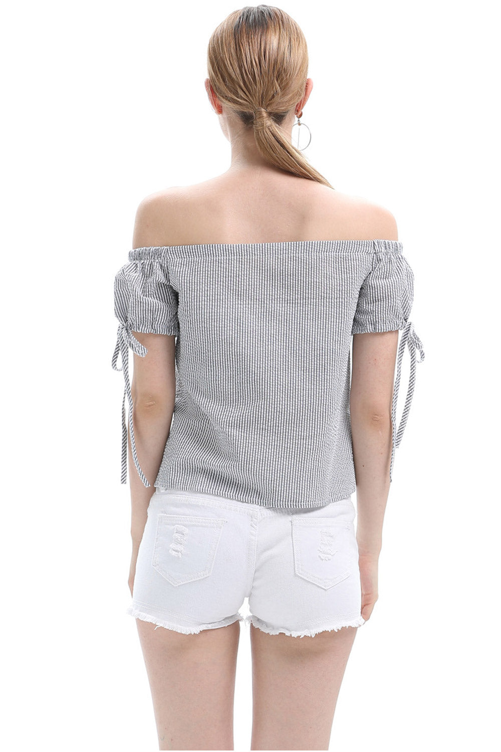 Women Striped Trumpet Sleeve Casual Top