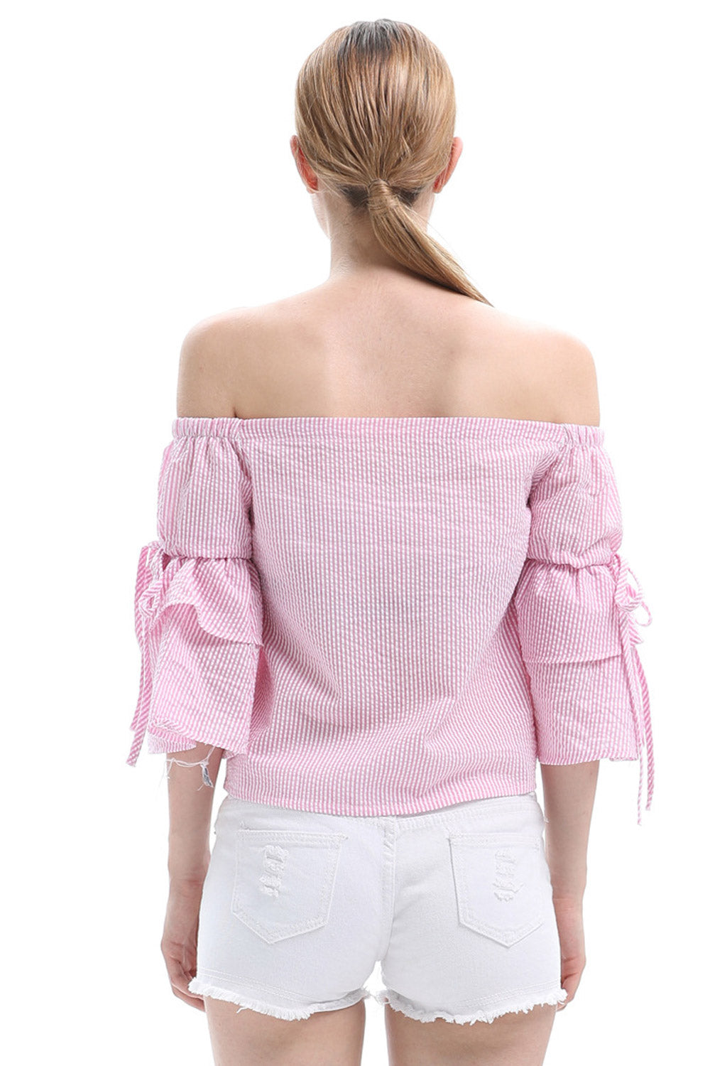 Women Striped Trumpet Sleeve Casual Top