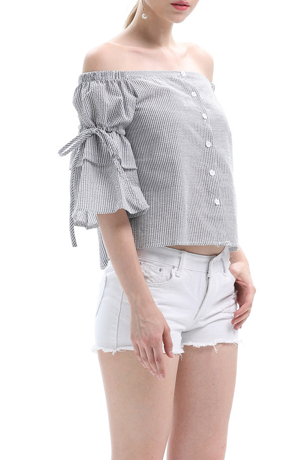 Women Striped Trumpet Sleeve Casual Top