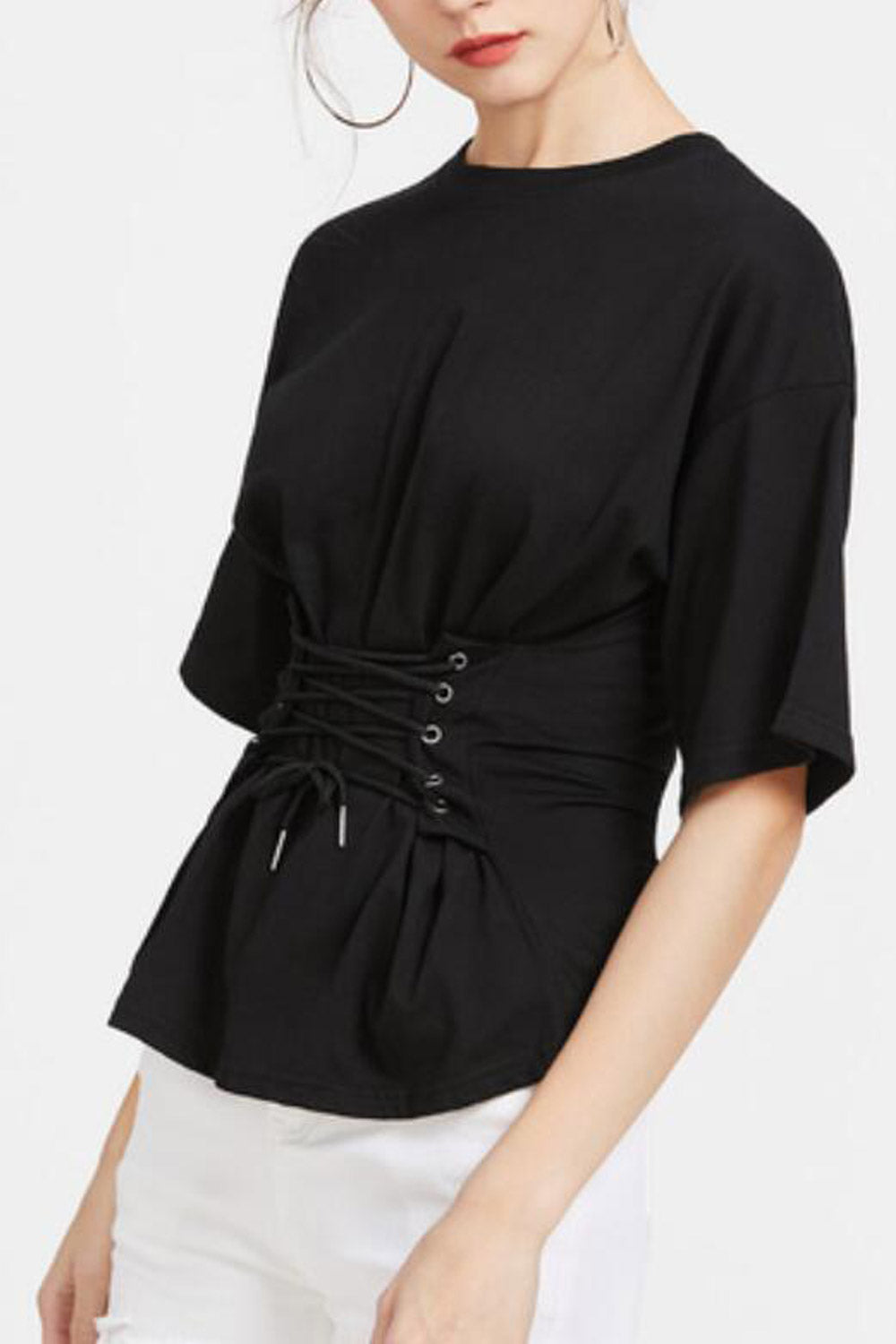 Women High Neck Tie Waist Slim Top