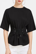 Women High Neck Tie Waist Slim Top