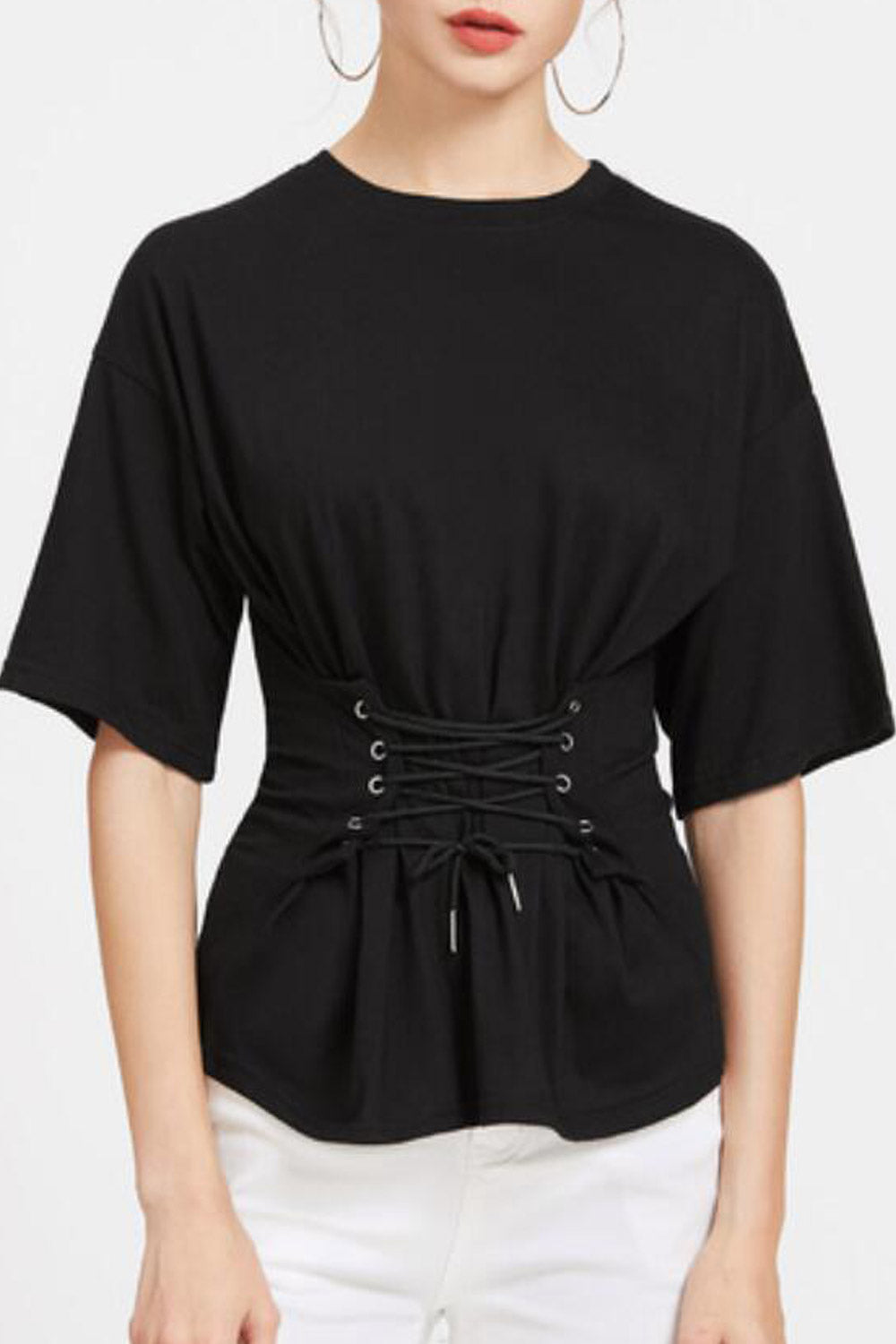Women High Neck Tie Waist Slim Top