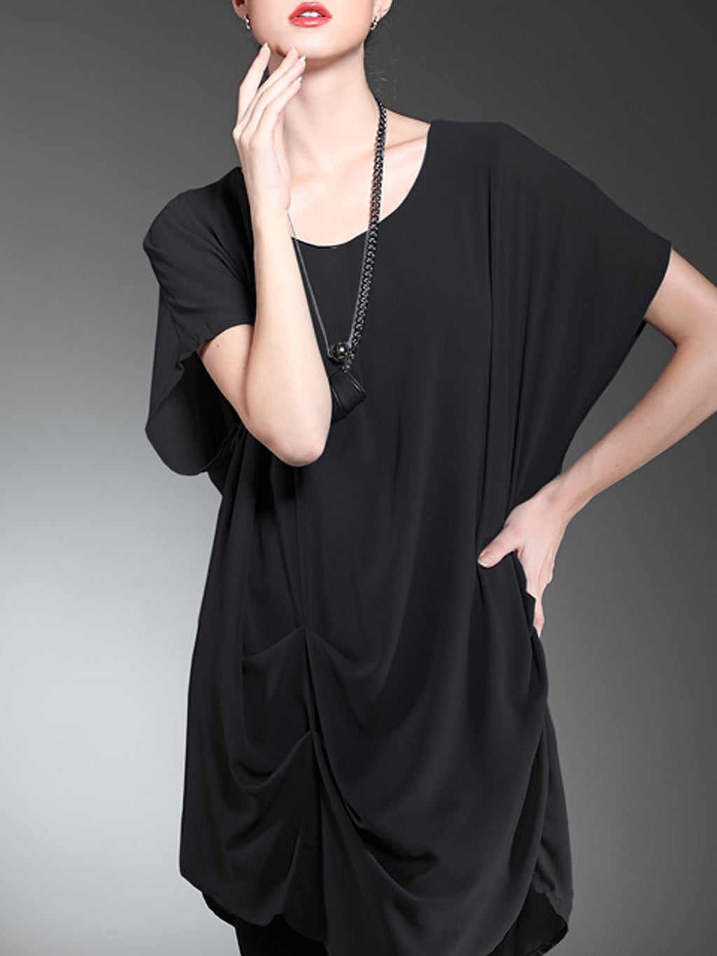 Women Round Neck Bat Sleeve Chiffon Dress
