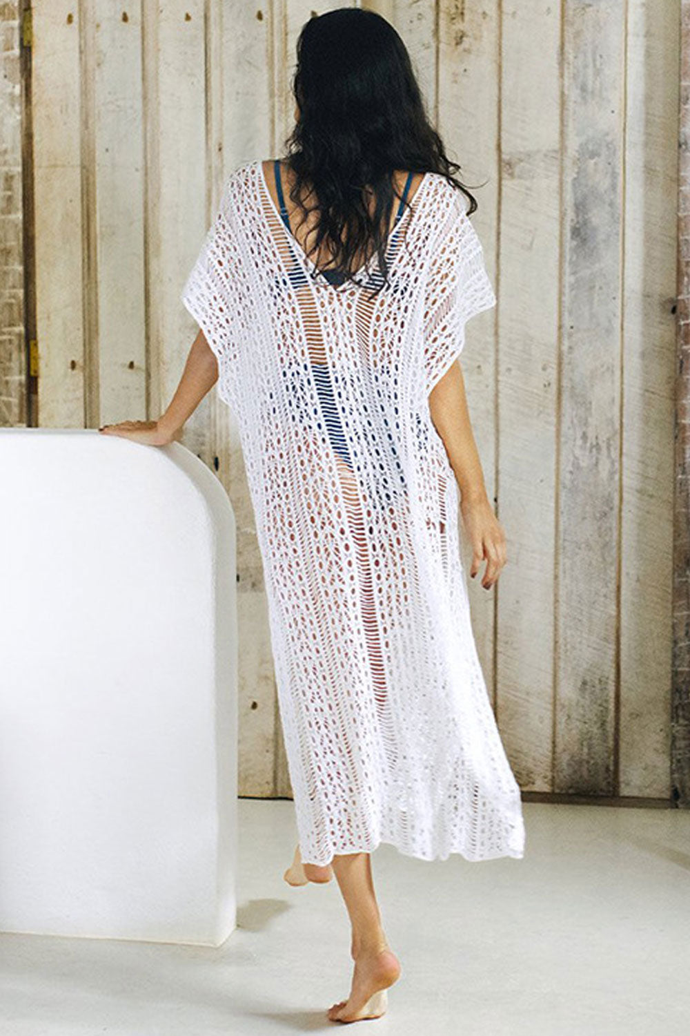 Women Trendy Hollow Slit Styled Short Sleeve Easy V-Neck Summer Pullover Beach Cover Up