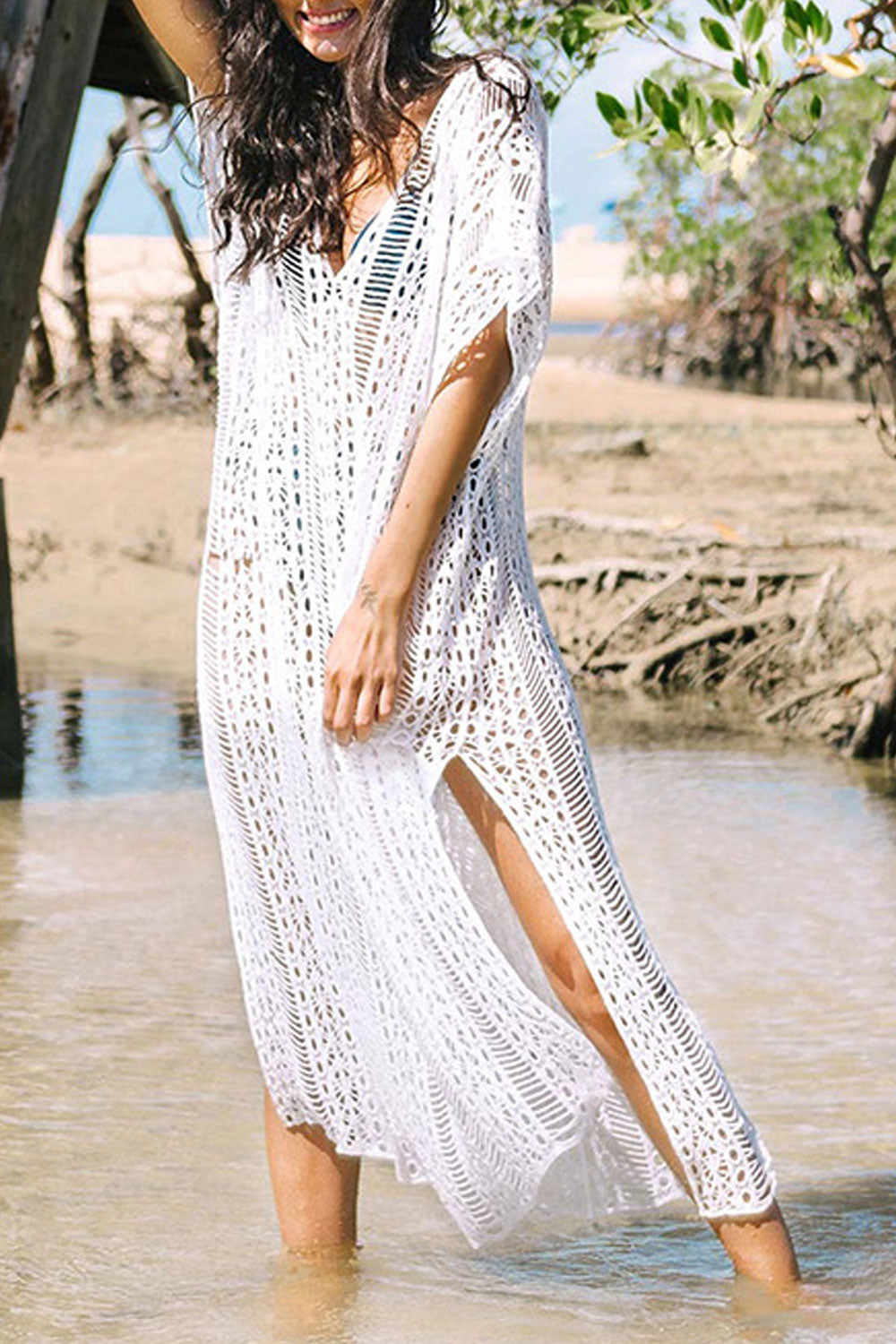 Women Trendy Hollow Slit Styled Short Sleeve Easy V-Neck Summer Pullover Beach Cover Up