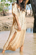 Women Trendy Hollow Slit Styled Short Sleeve Easy V-Neck Summer Pullover Beach Cover Up