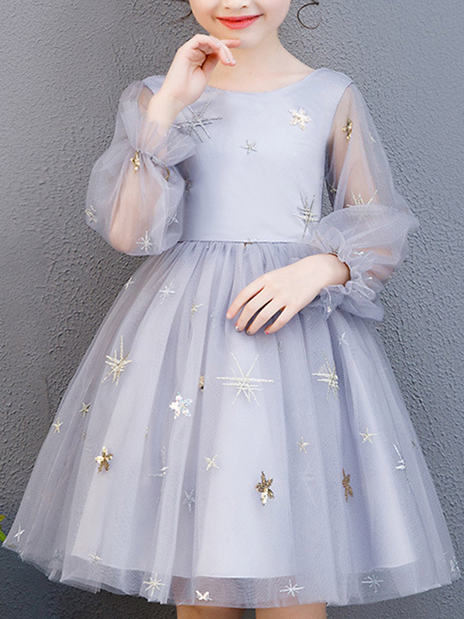 Kids Girls Round Neck Flower Lace Occasional Dress