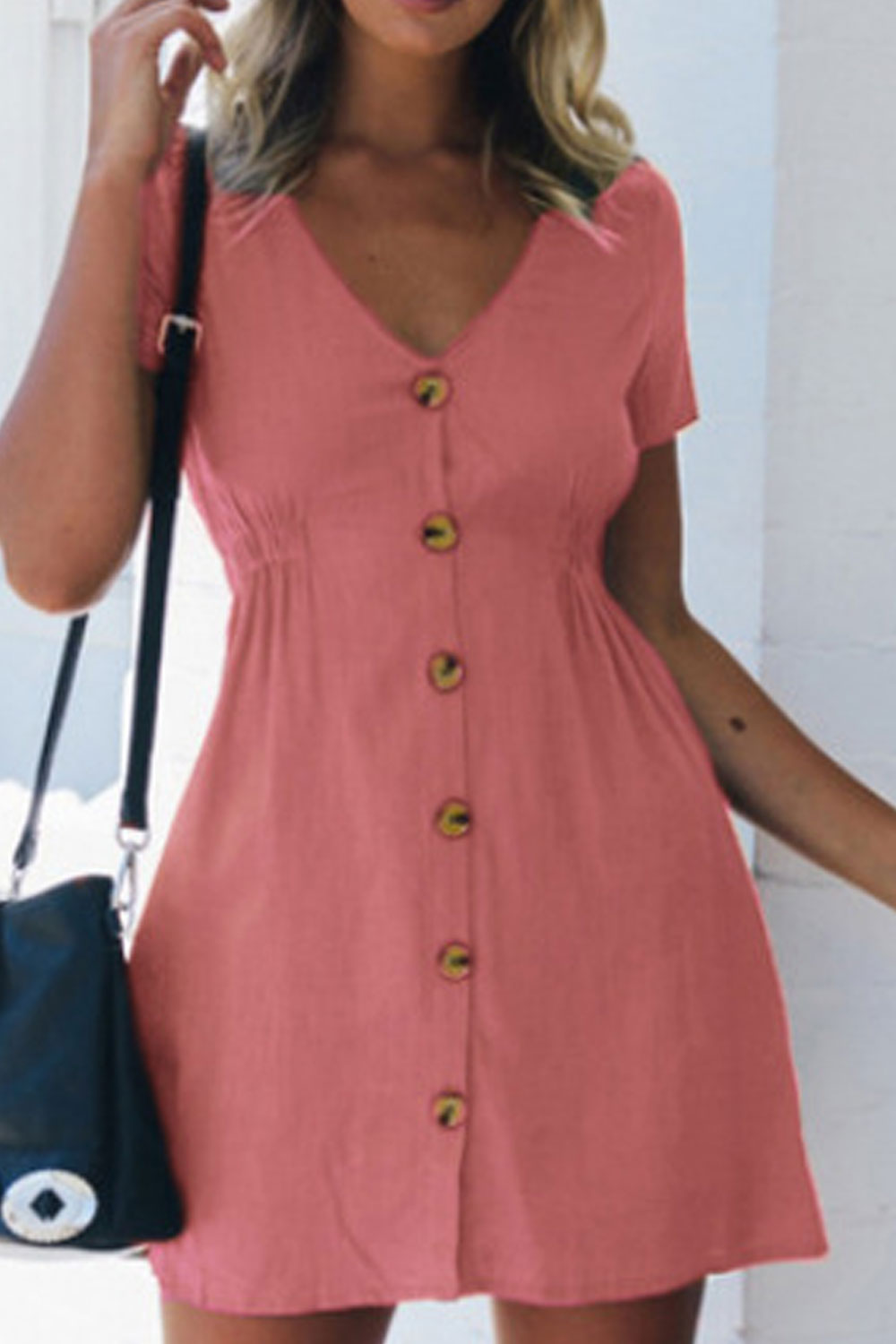 Women Thin & Restful Short Sleeve V-Neck Splendid Solid Colored Above Knee Button Closure Dress