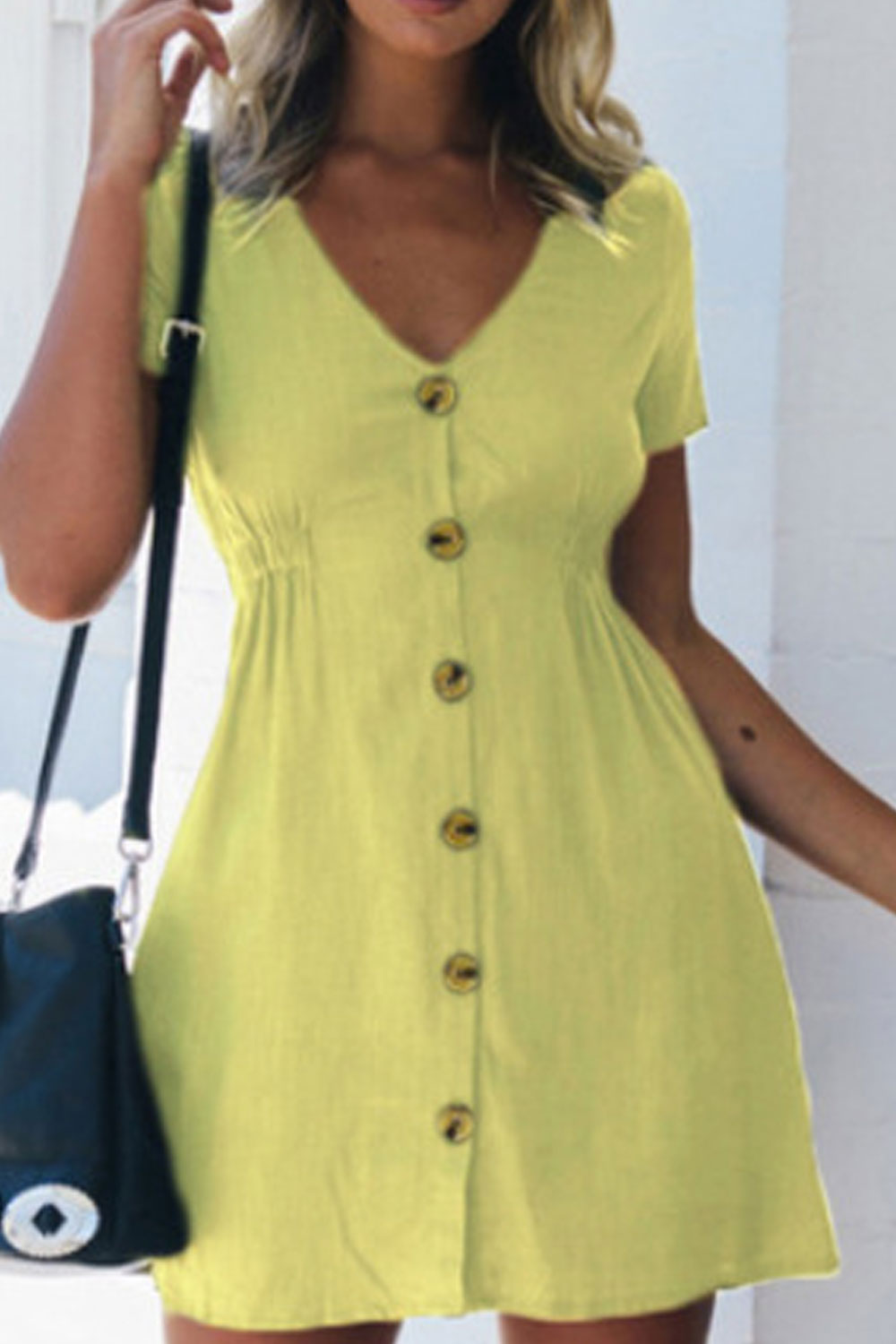 Women Thin & Restful Short Sleeve V-Neck Splendid Solid Colored Above Knee Button Closure Dress