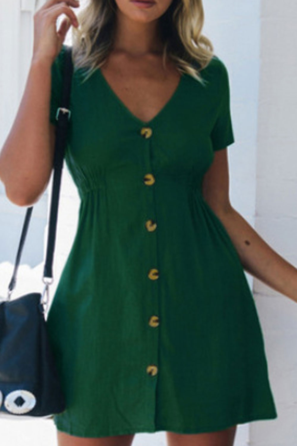 Women Thin & Restful Short Sleeve V-Neck Splendid Solid Colored Above Knee Button Closure Dress