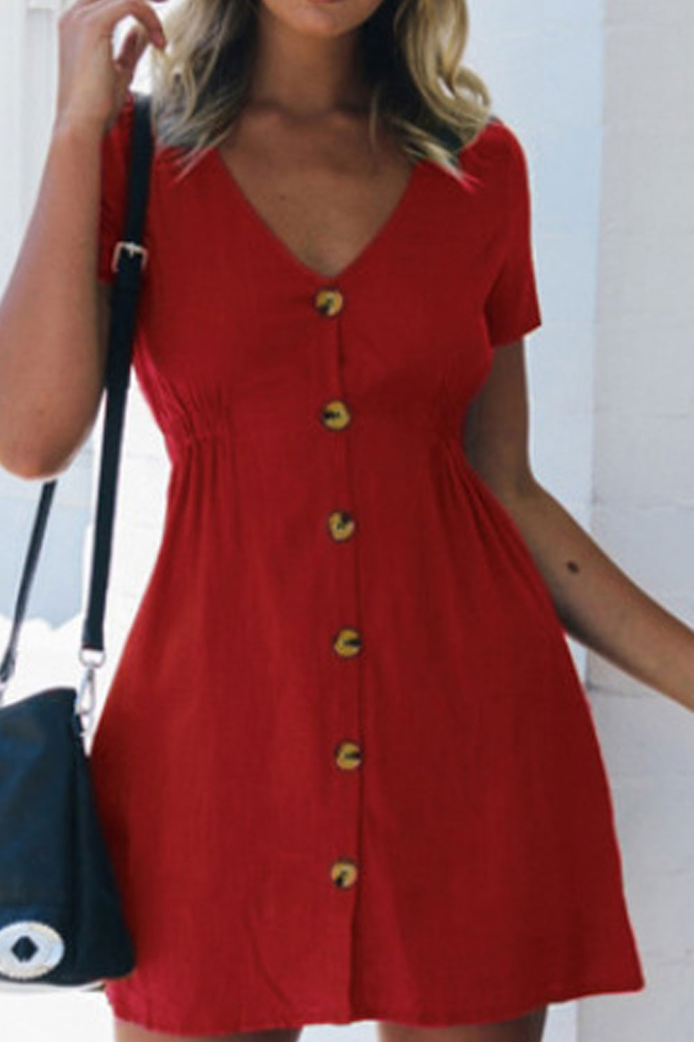 Women Thin & Restful Short Sleeve V-Neck Splendid Solid Colored Above Knee Button Closure Dress