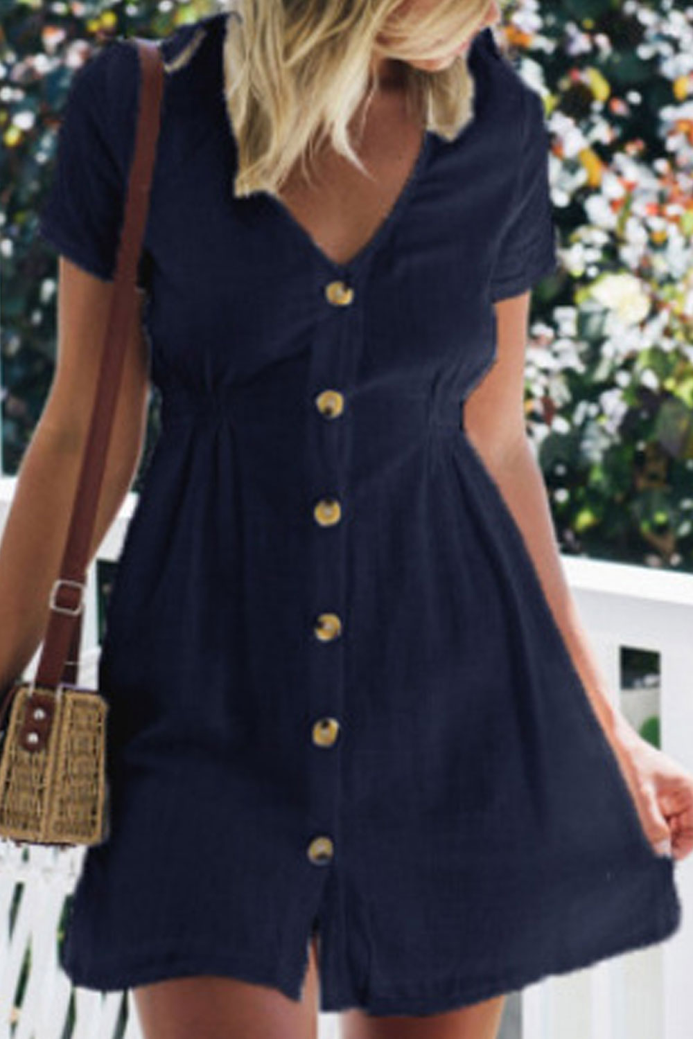 Women Thin & Restful Short Sleeve V-Neck Splendid Solid Colored Above Knee Button Closure Dress