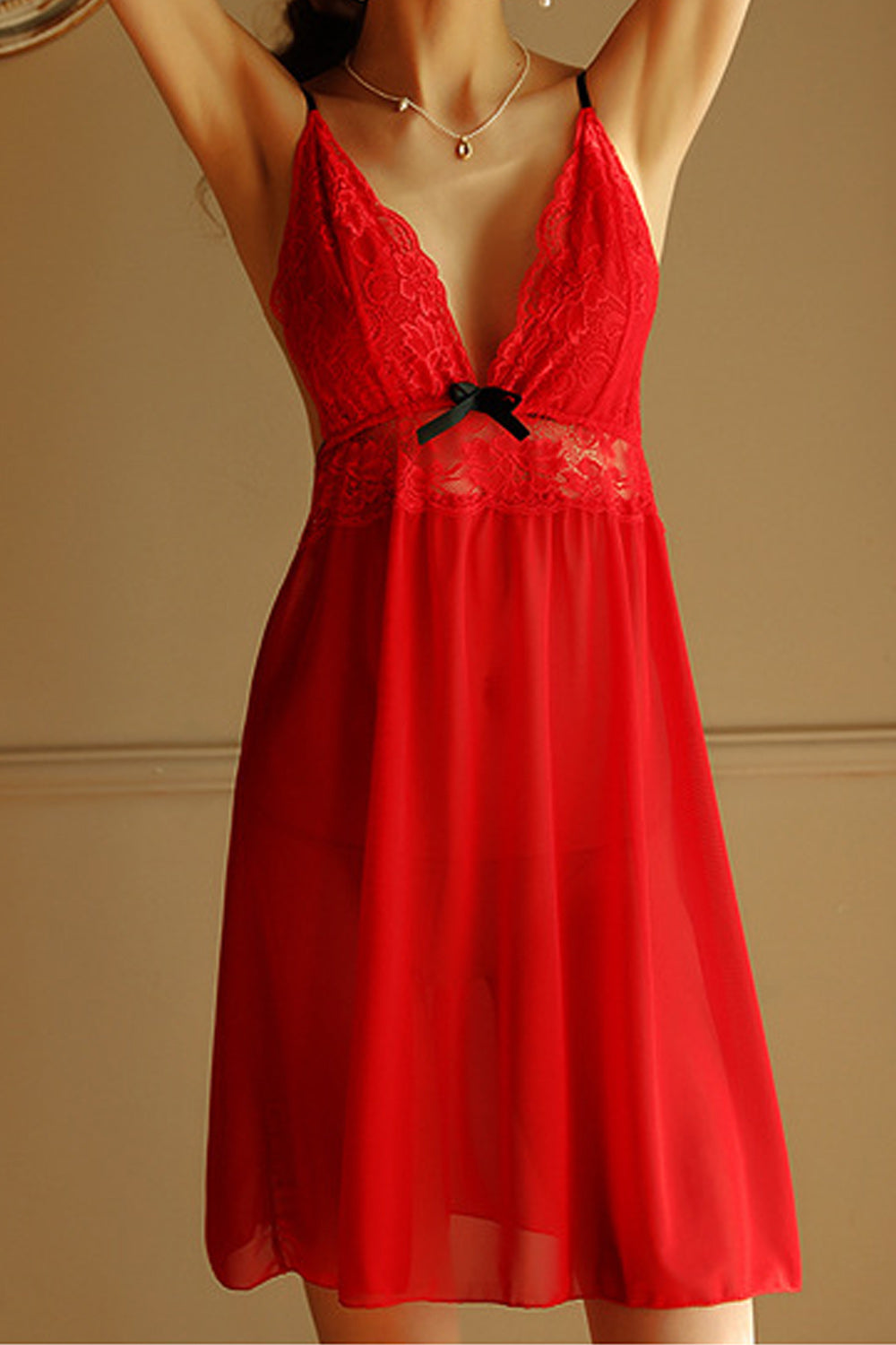 Women Outstanding Deep V-Neck Unique Lace Pattern Sleeveless Night Wear Lingerie