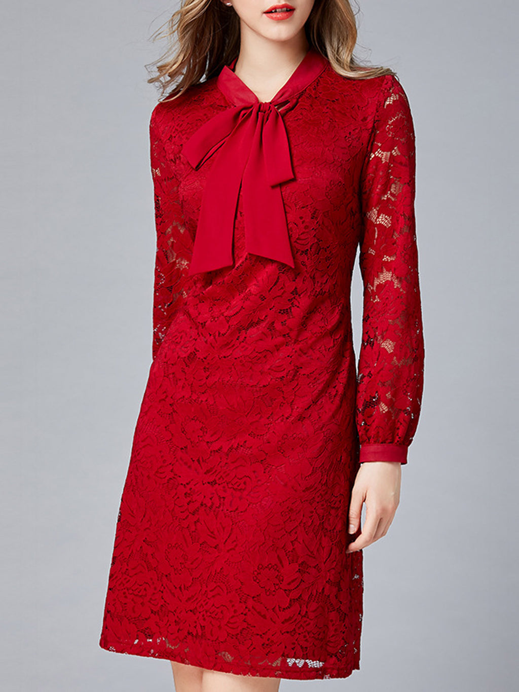Women Tie Neck Long Sleeve Solid Pattern Shift Dress