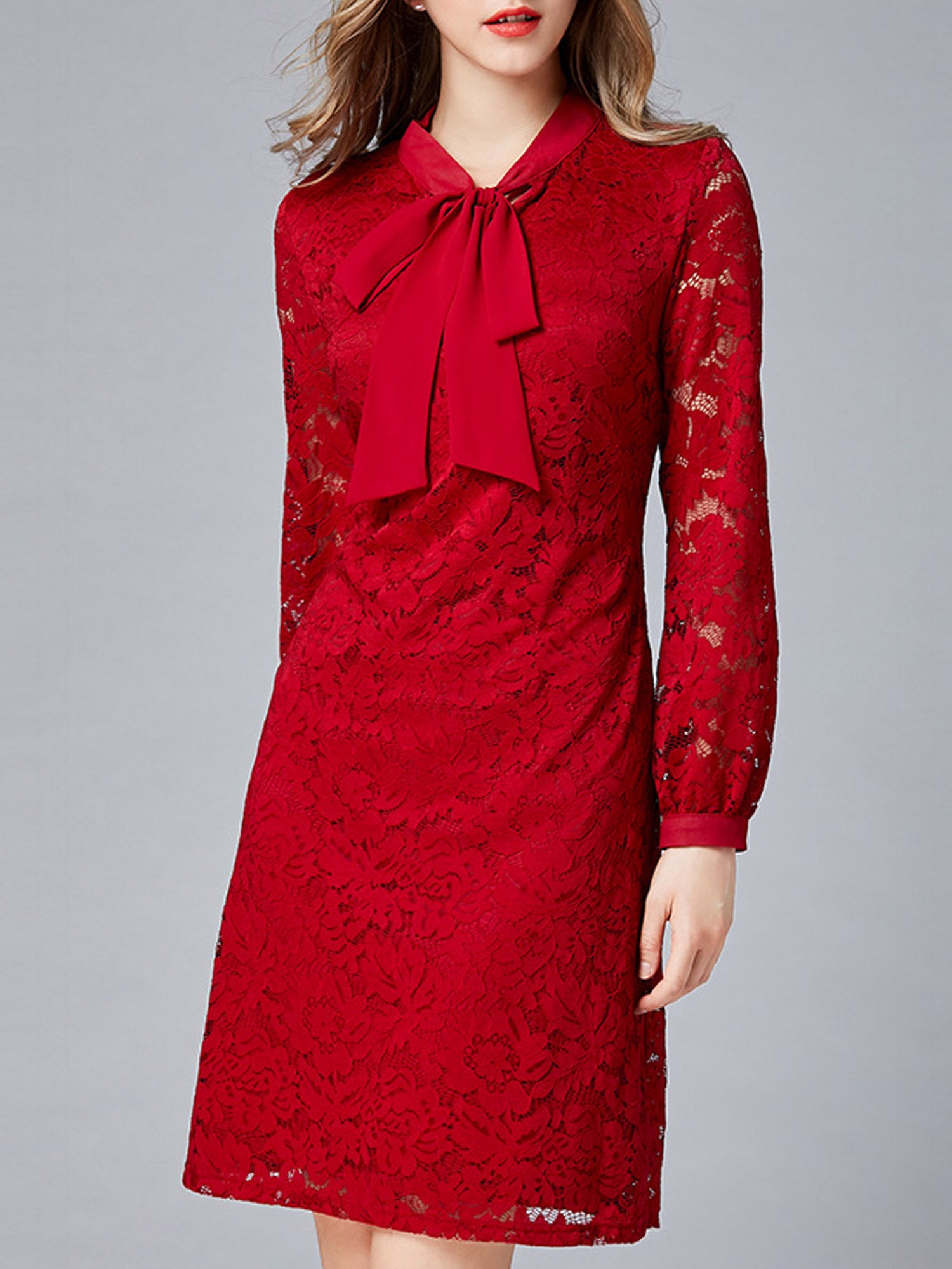 Women Tie Neck Long Sleeve Solid Pattern Shift Dress