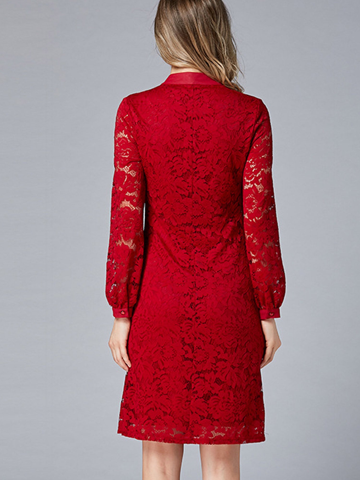 Women Tie Neck Long Sleeve Solid Pattern Shift Dress