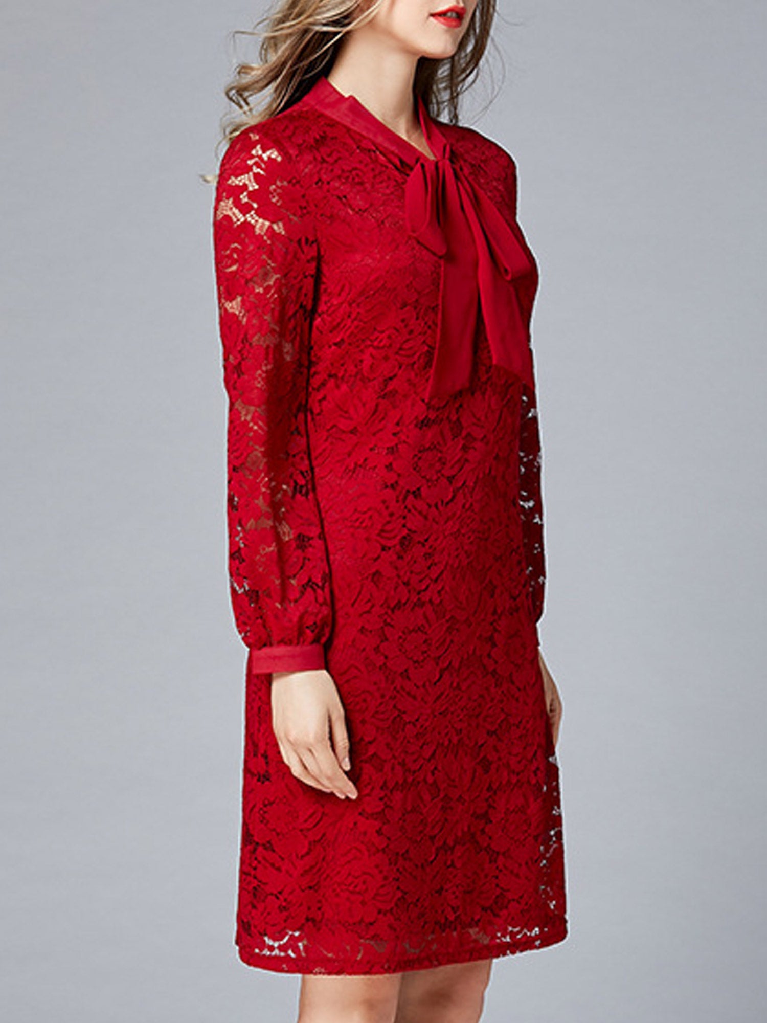 Women Tie Neck Long Sleeve Solid Pattern Shift Dress