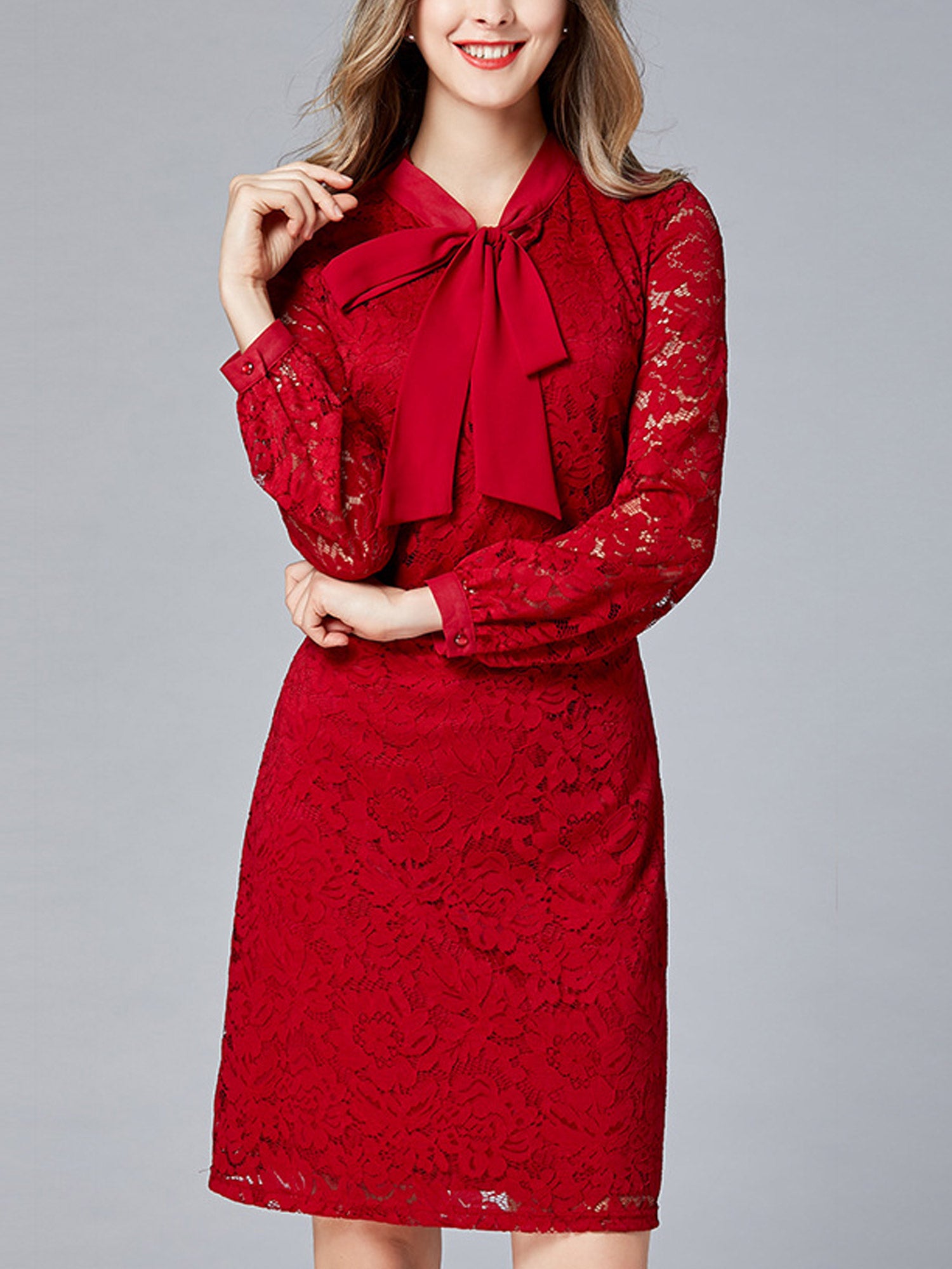 Women Tie Neck Long Sleeve Solid Pattern Shift Dress