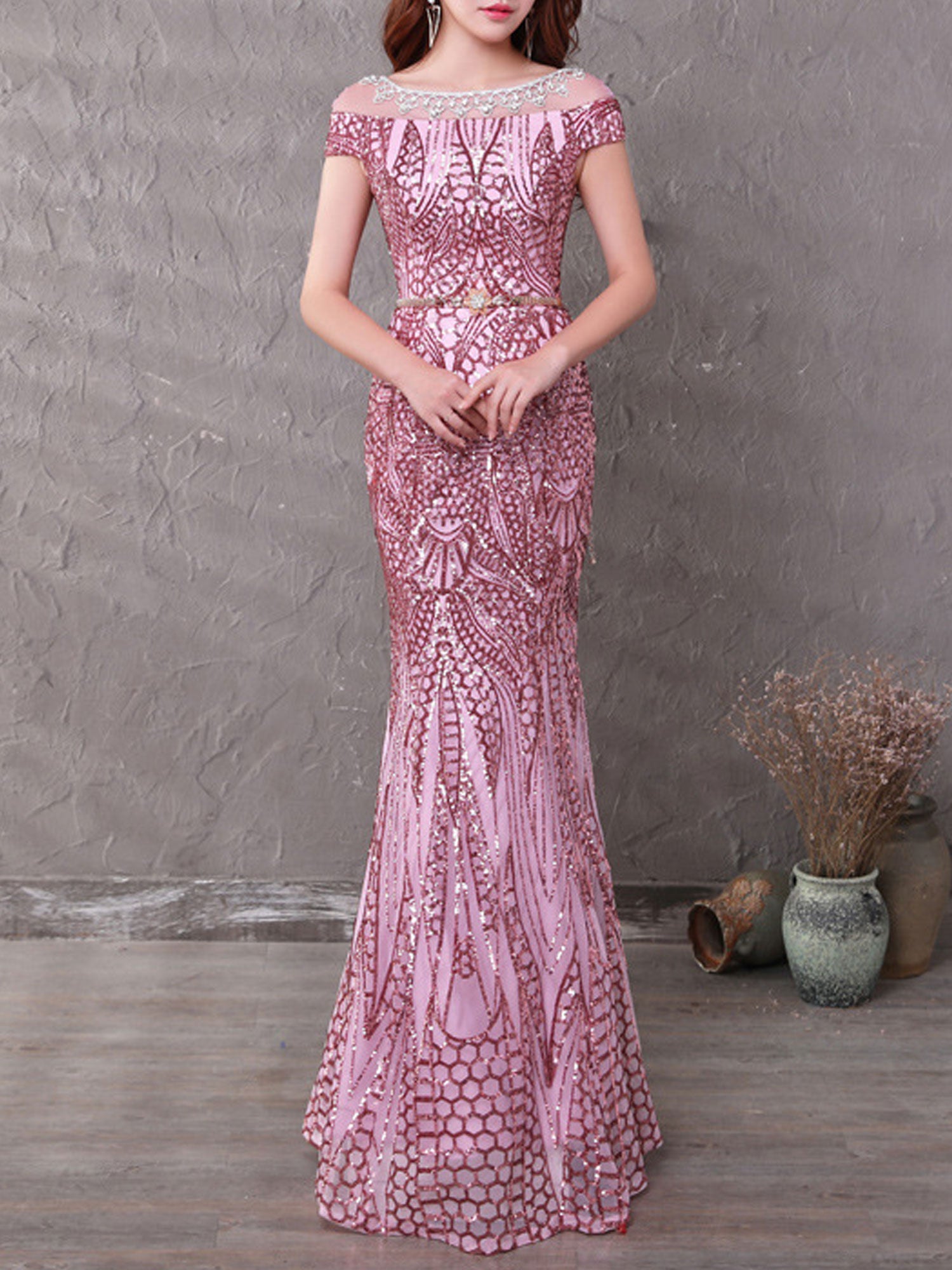 Women Boat Neck Small Sleeve Sequin Wedding Dress