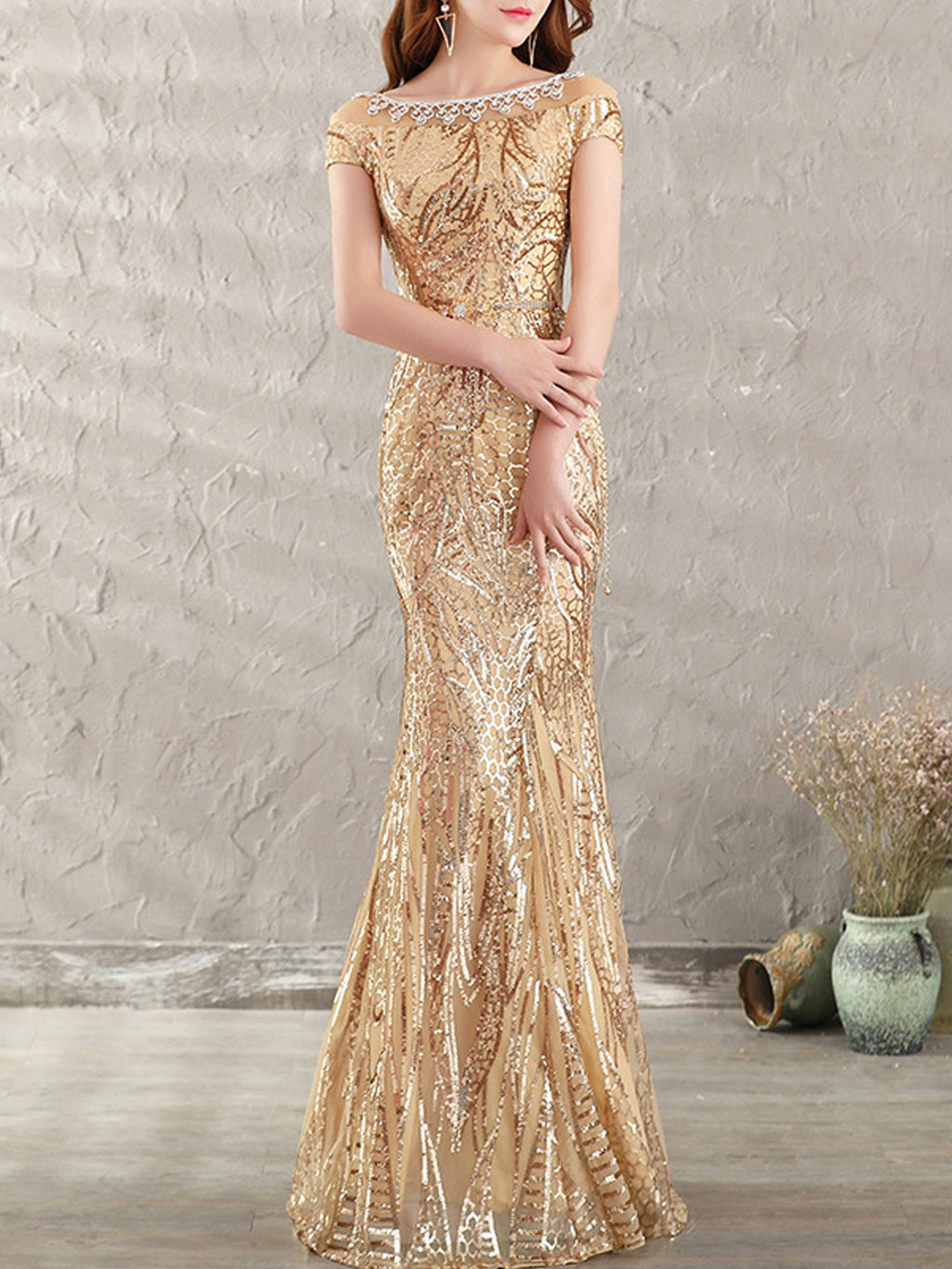 Women Boat Neck Small Sleeve Sequin Wedding Dress
