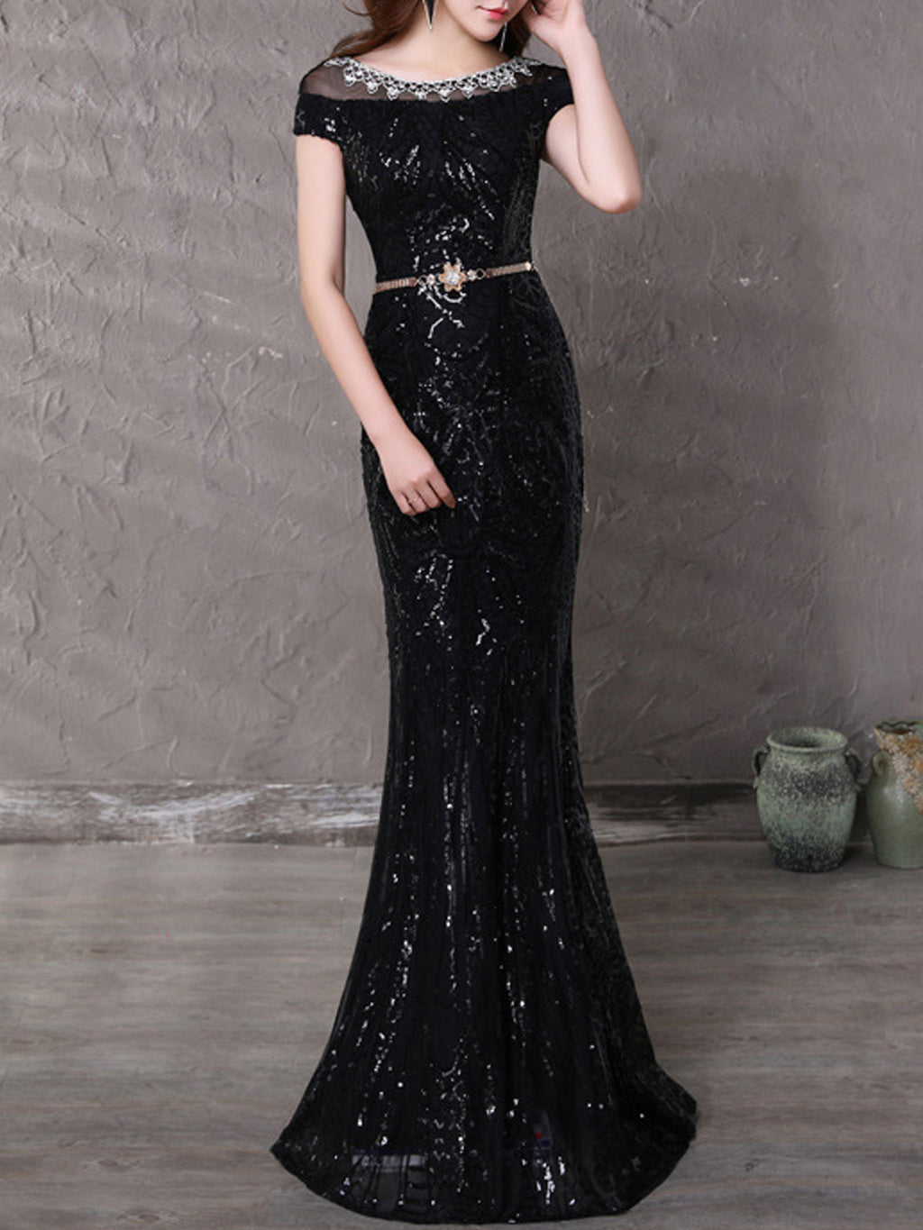Women Boat Neck Small Sleeve Sequin Wedding Dress