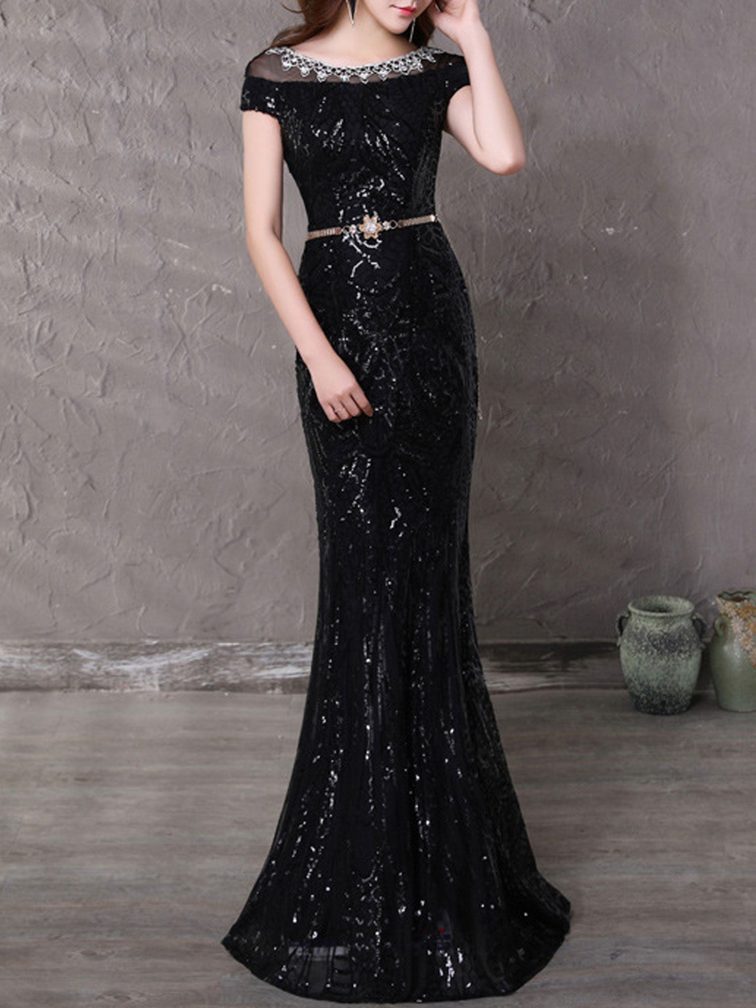 Women Boat Neck Small Sleeve Sequin Wedding Dress