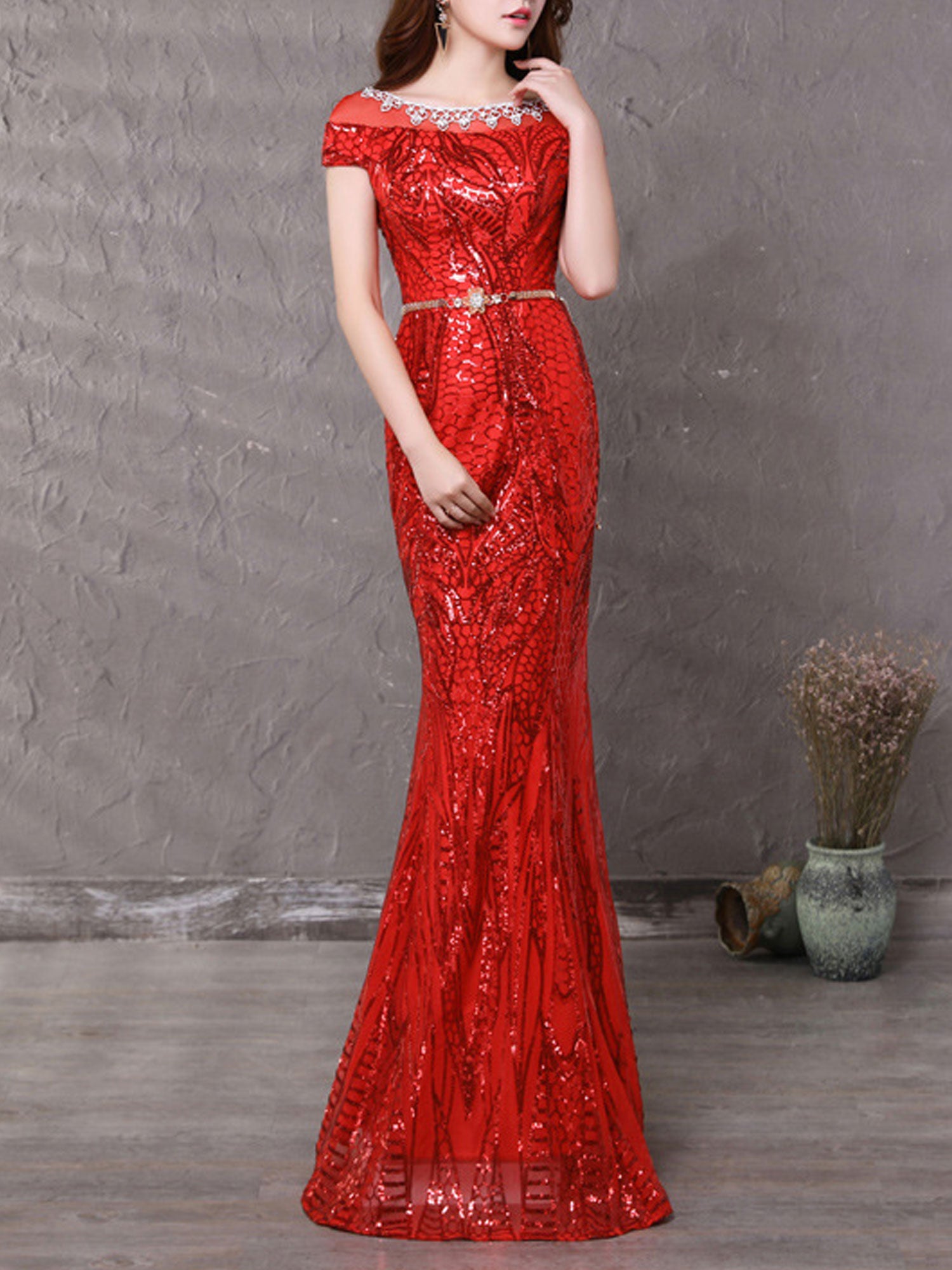 Women Boat Neck Small Sleeve Sequin Wedding Dress