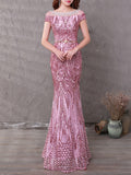 Women Boat Neck Small Sleeve Sequin Wedding Dress
