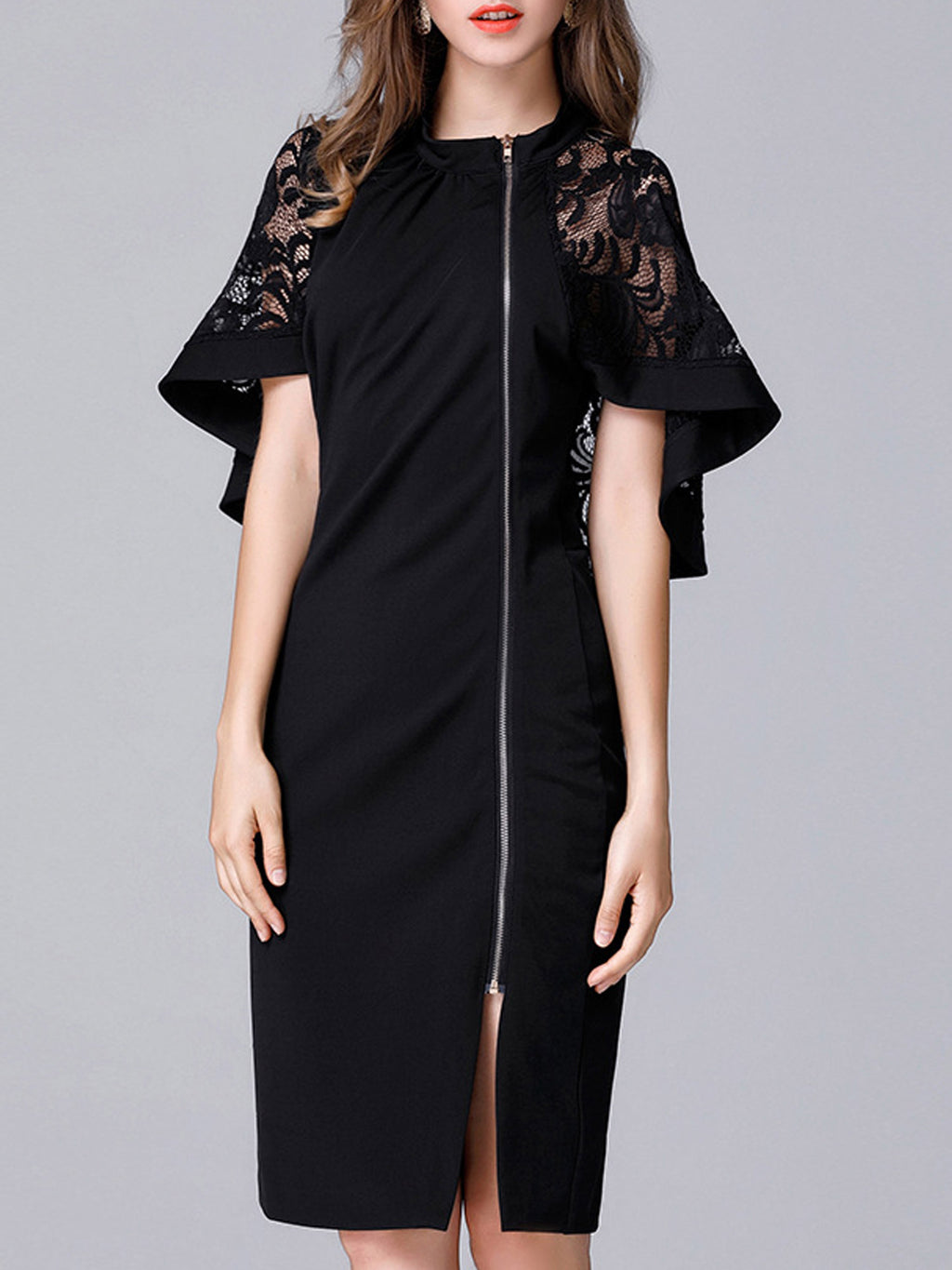 Women Flace Sleeves Lace Long Zipper Slit Dress