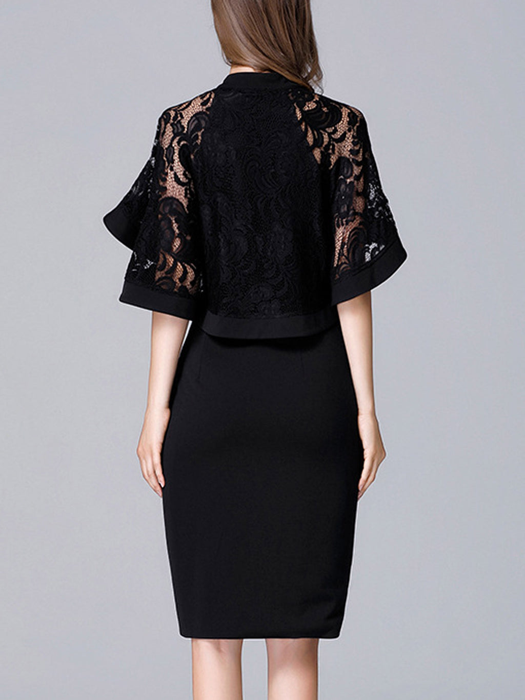 Women Flace Sleeves Lace Long Zipper Slit Dress