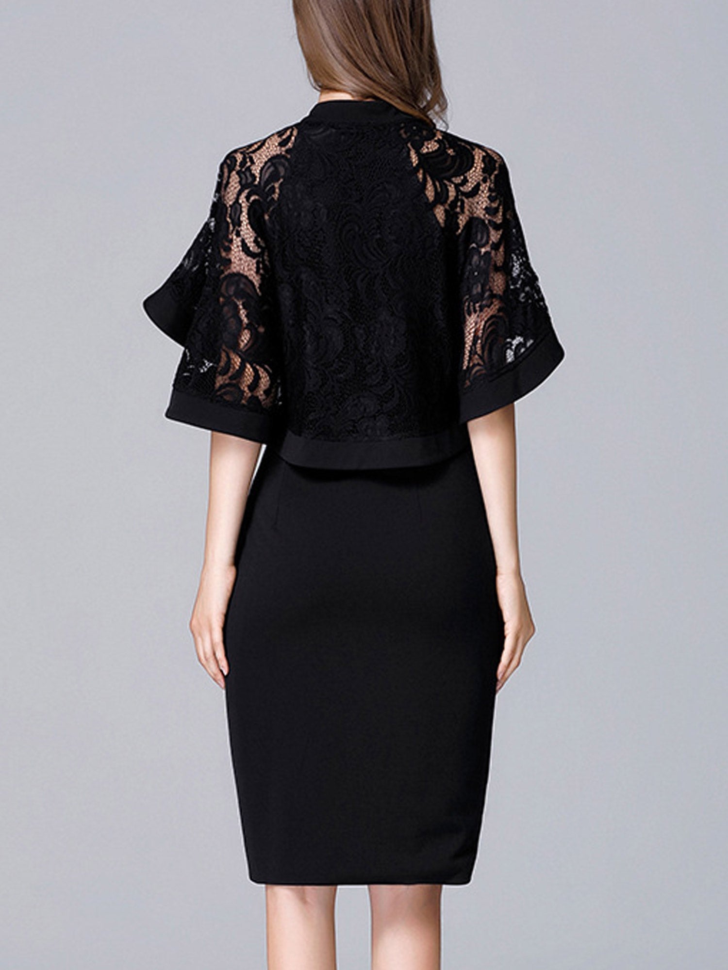 Women Flace Sleeves Lace Long Zipper Slit Dress