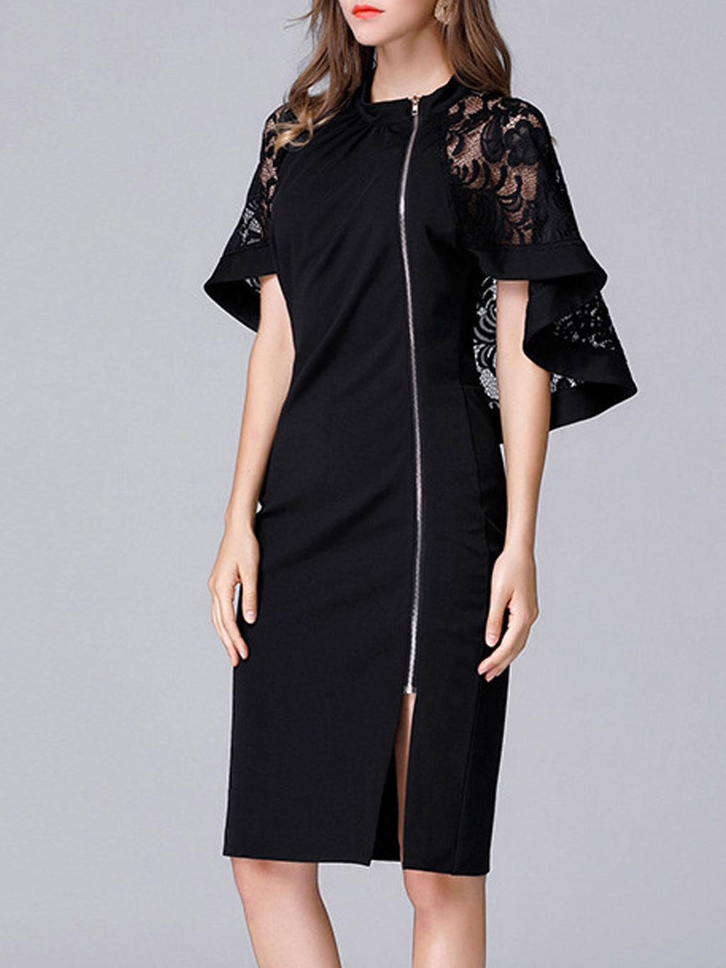Women Flace Sleeves Lace Long Zipper Slit Dress