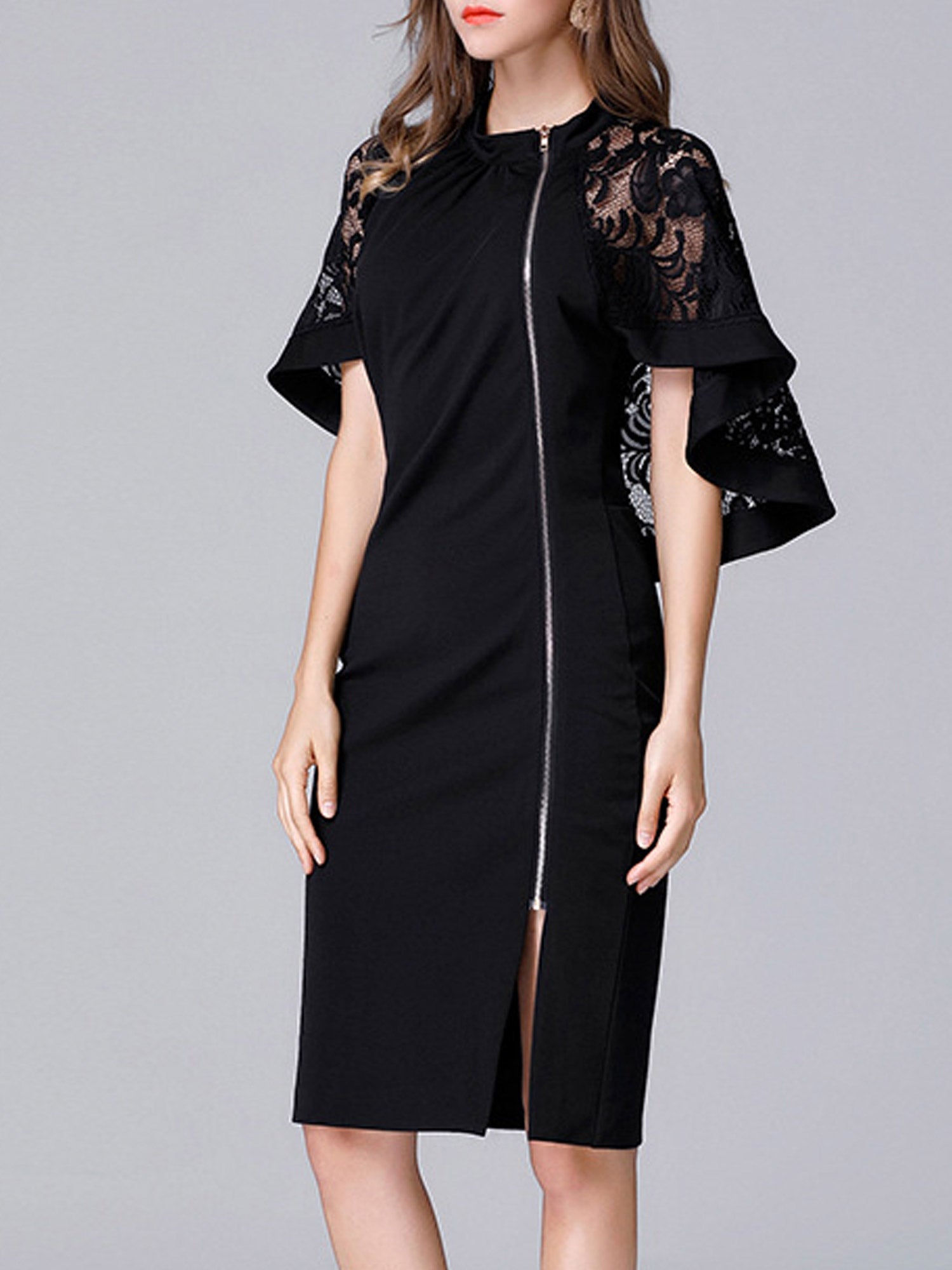 Women Flace Sleeves Lace Long Zipper Slit Dress
