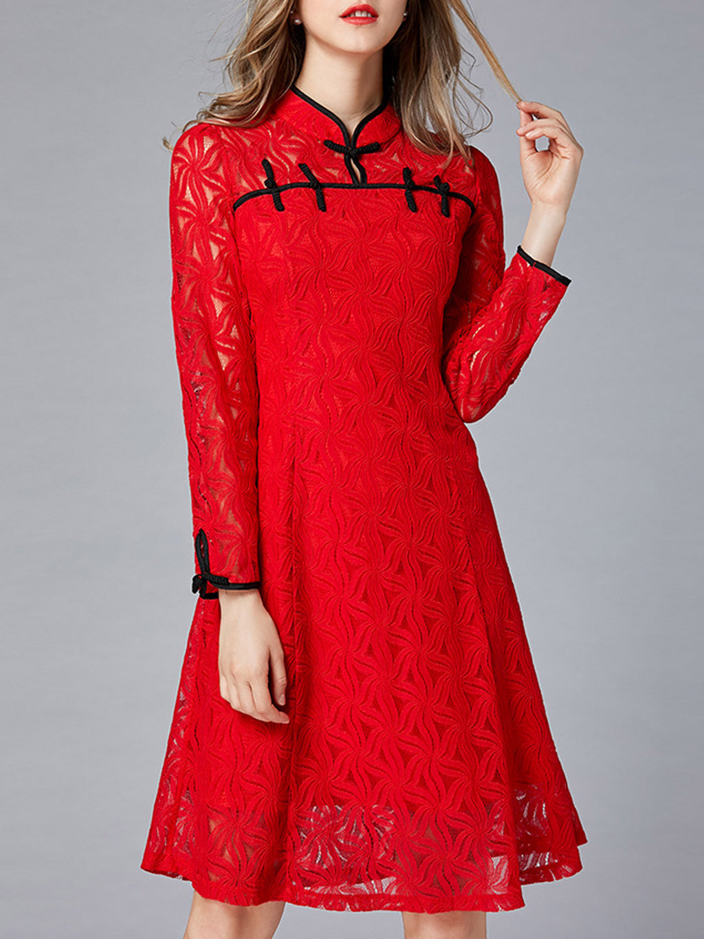 Women Long Slim Lace Sleeves Back Zipper Dress