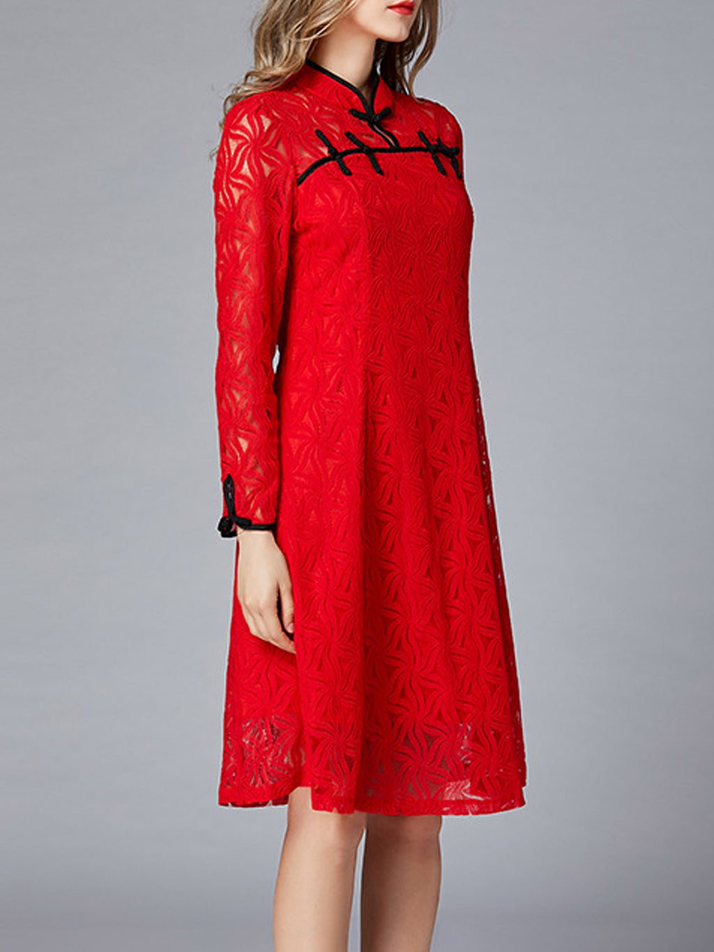 Women Long Slim Lace Sleeves Back Zipper Dress