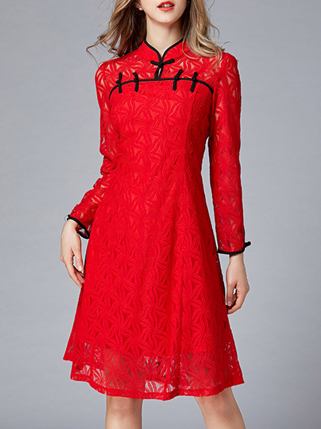 Women Long Slim Lace Sleeves Back Zipper Dress