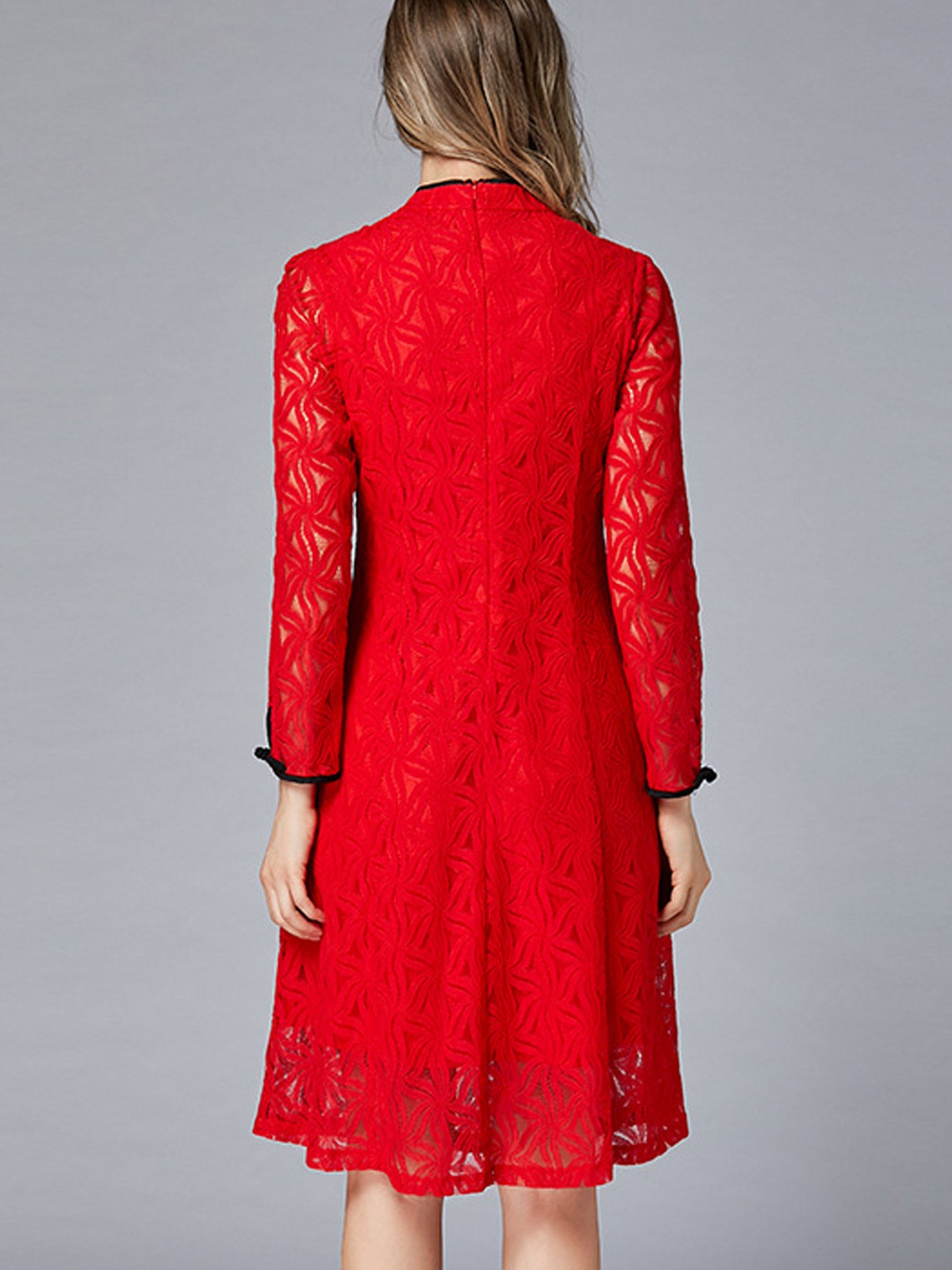 Women Long Slim Lace Sleeves Back Zipper Dress