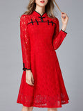 Women Long Slim Lace Sleeves Back Zipper Dress