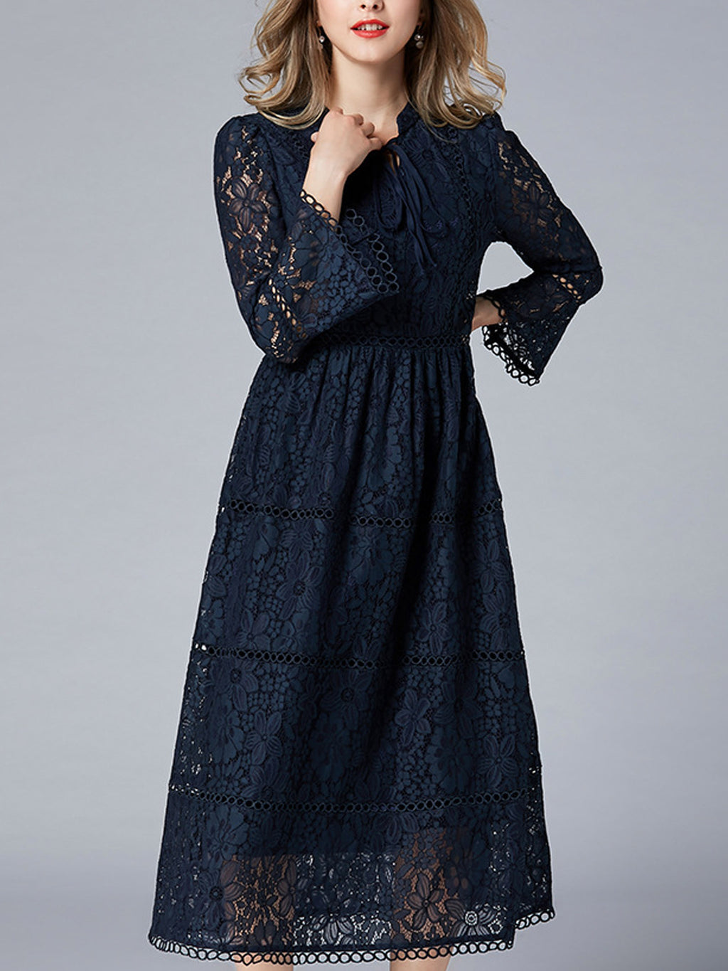 Women Fit Waist Lace Slim Sleeves Long Dress