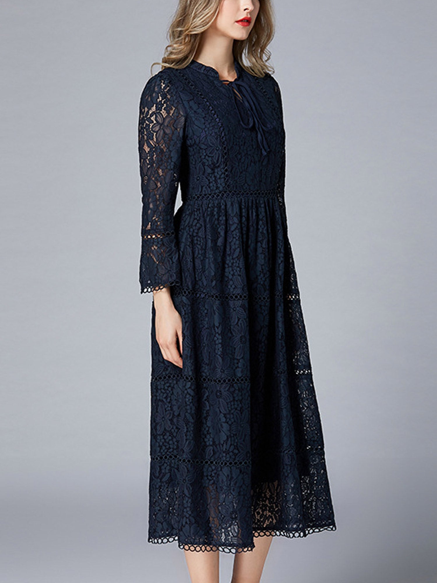 Women Fit Waist Lace Slim Sleeves Long Dress