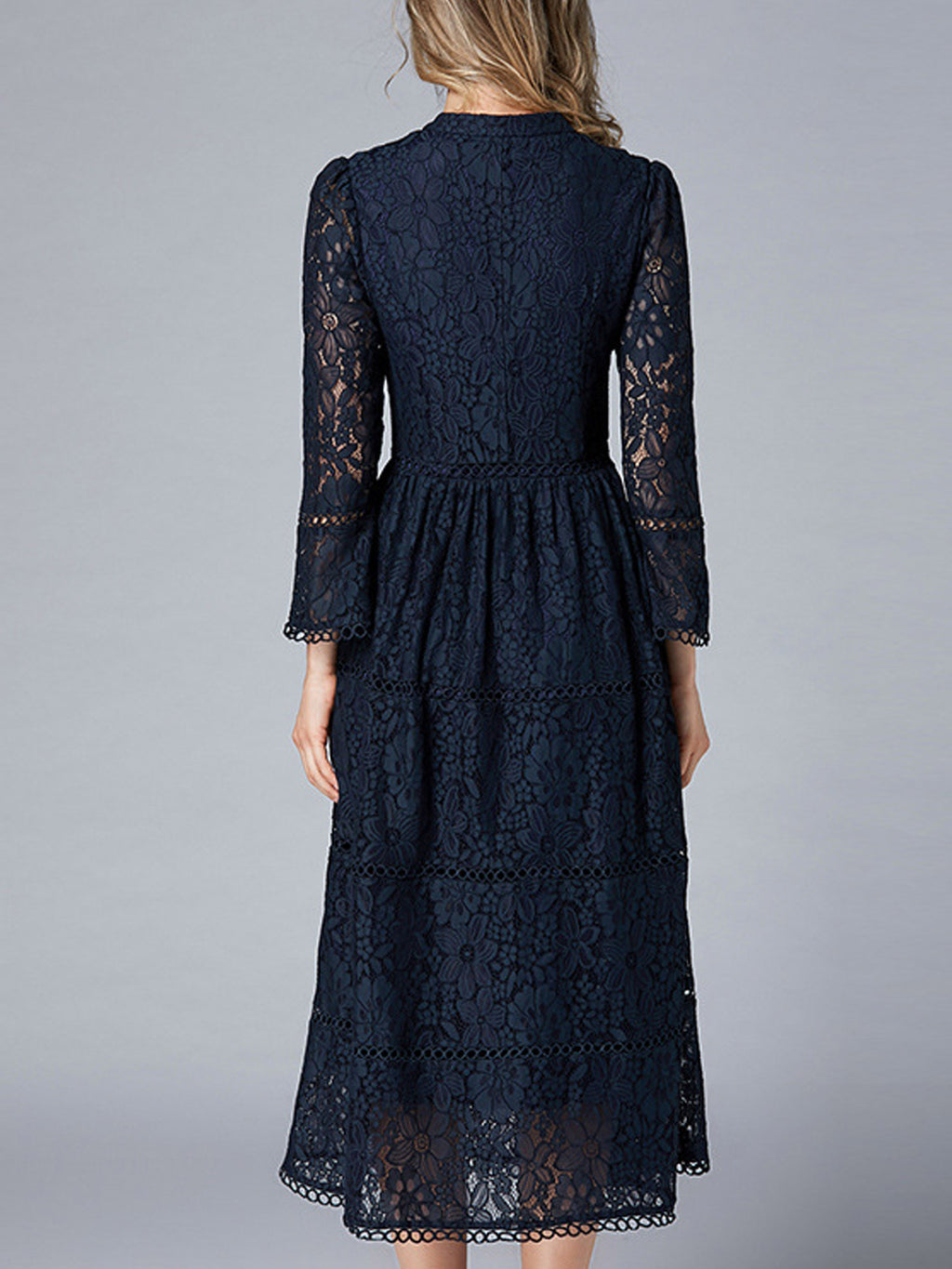Women Fit Waist Lace Slim Sleeves Long Dress