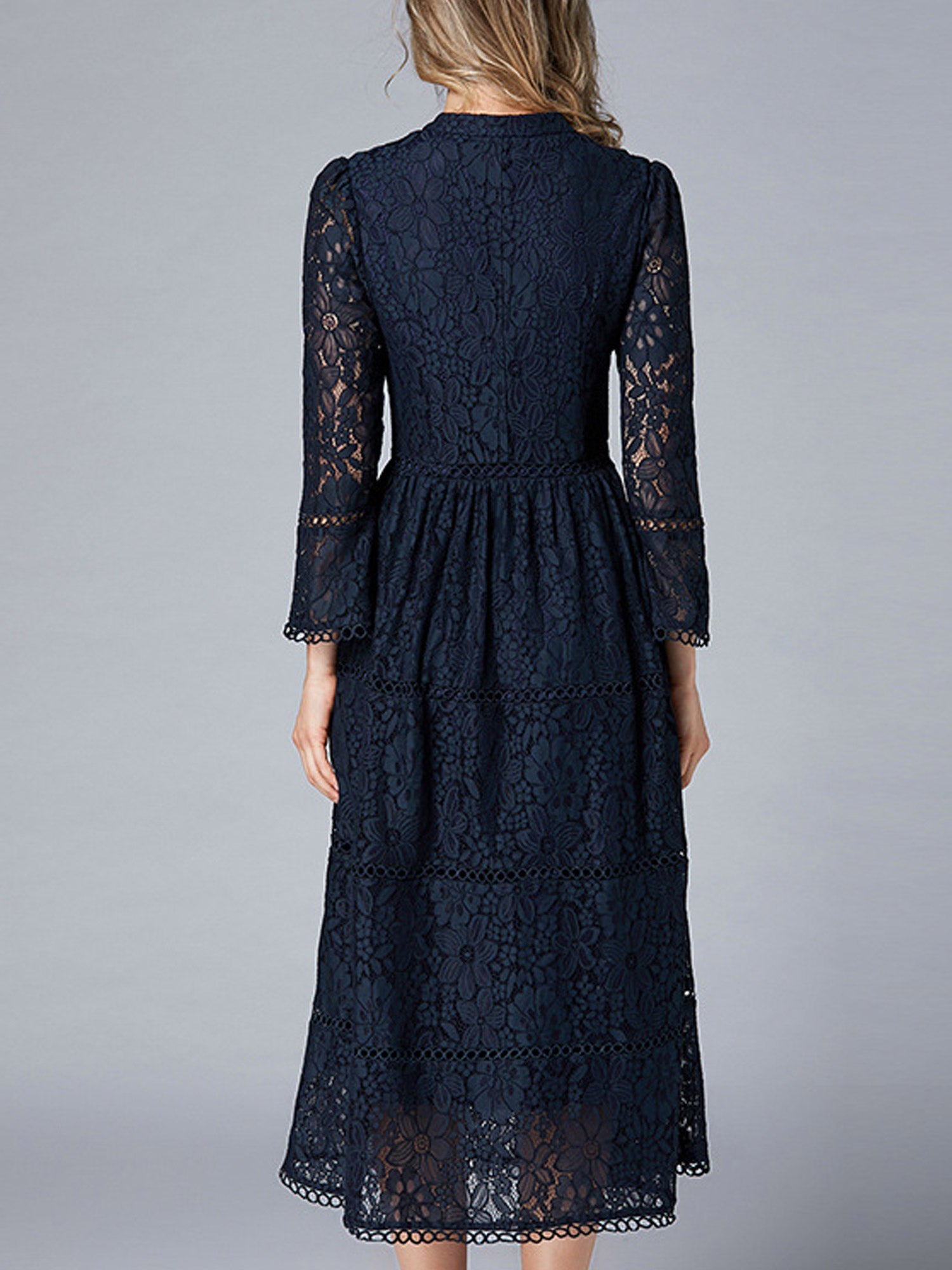 Women Fit Waist Lace Slim Sleeves Long Dress