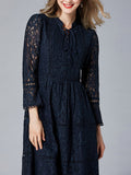Women Fit Waist Lace Slim Sleeves Long Dress