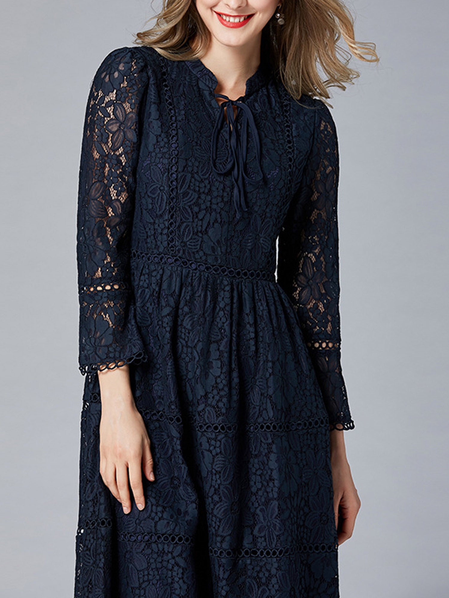 Women Fit Waist Lace Slim Sleeves Long Dress
