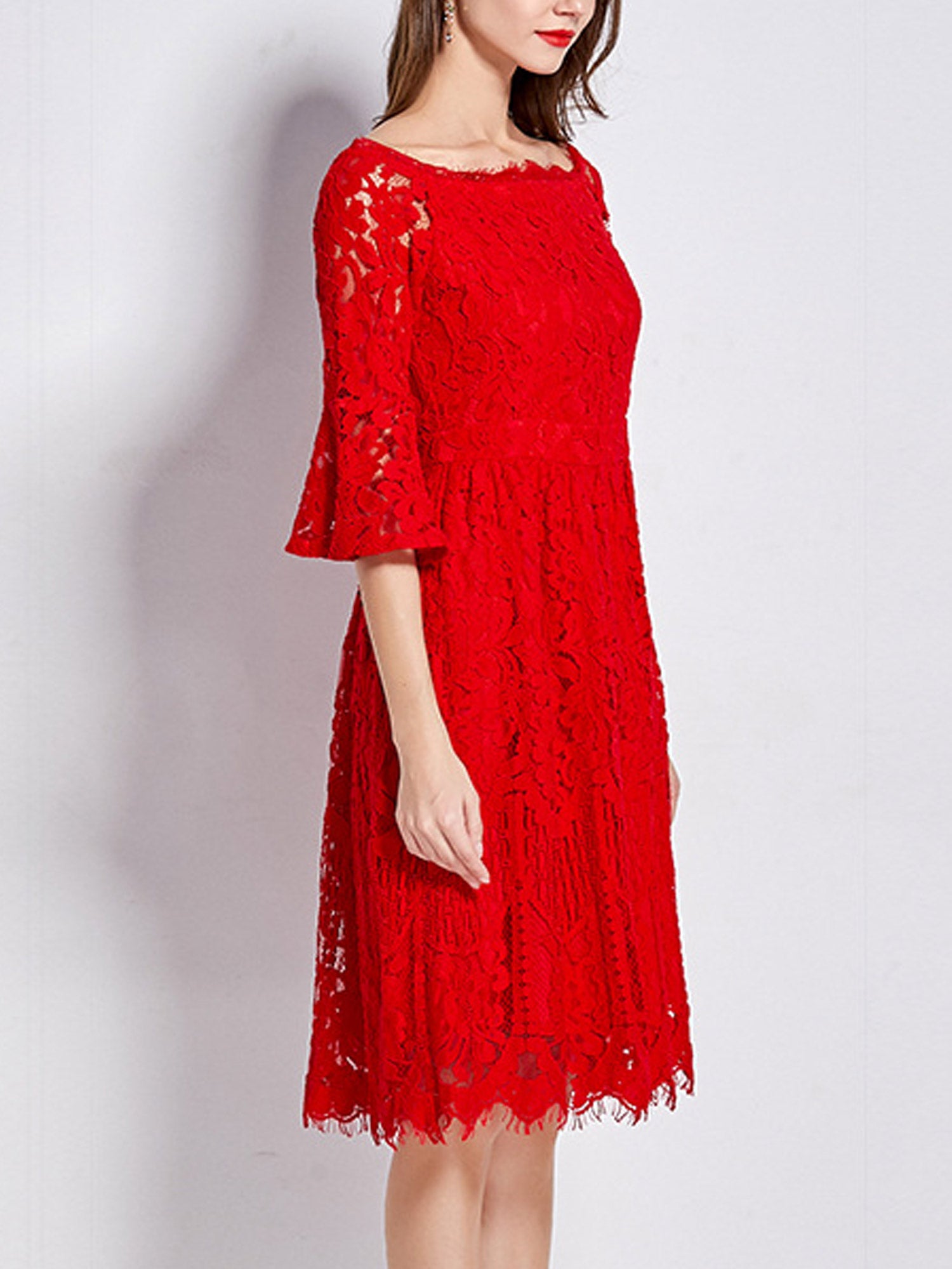 Women Wide Neck Flare Loose Sheer Sleeves Dress