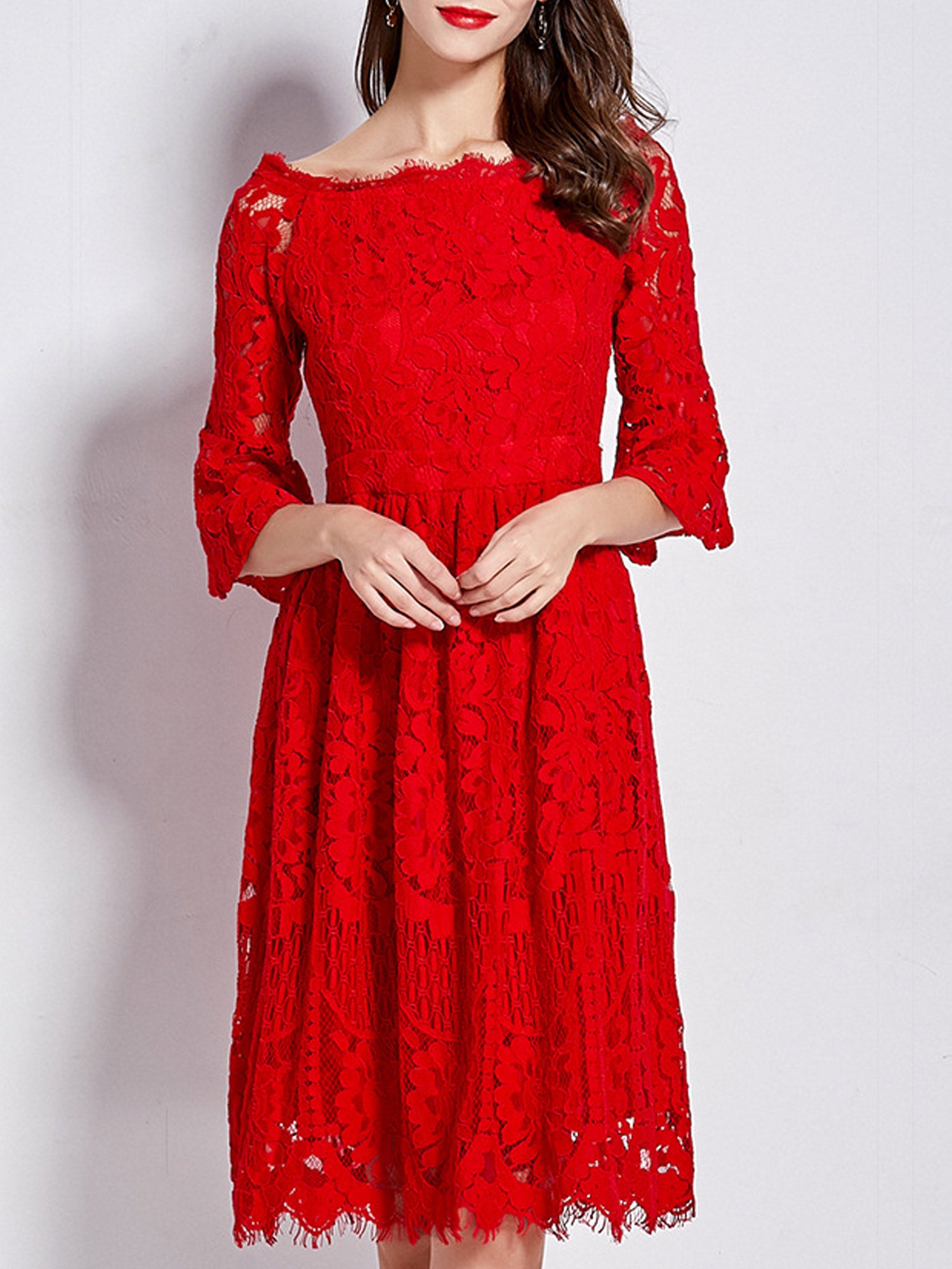Women Wide Neck Flare Loose Sheer Sleeves Dress