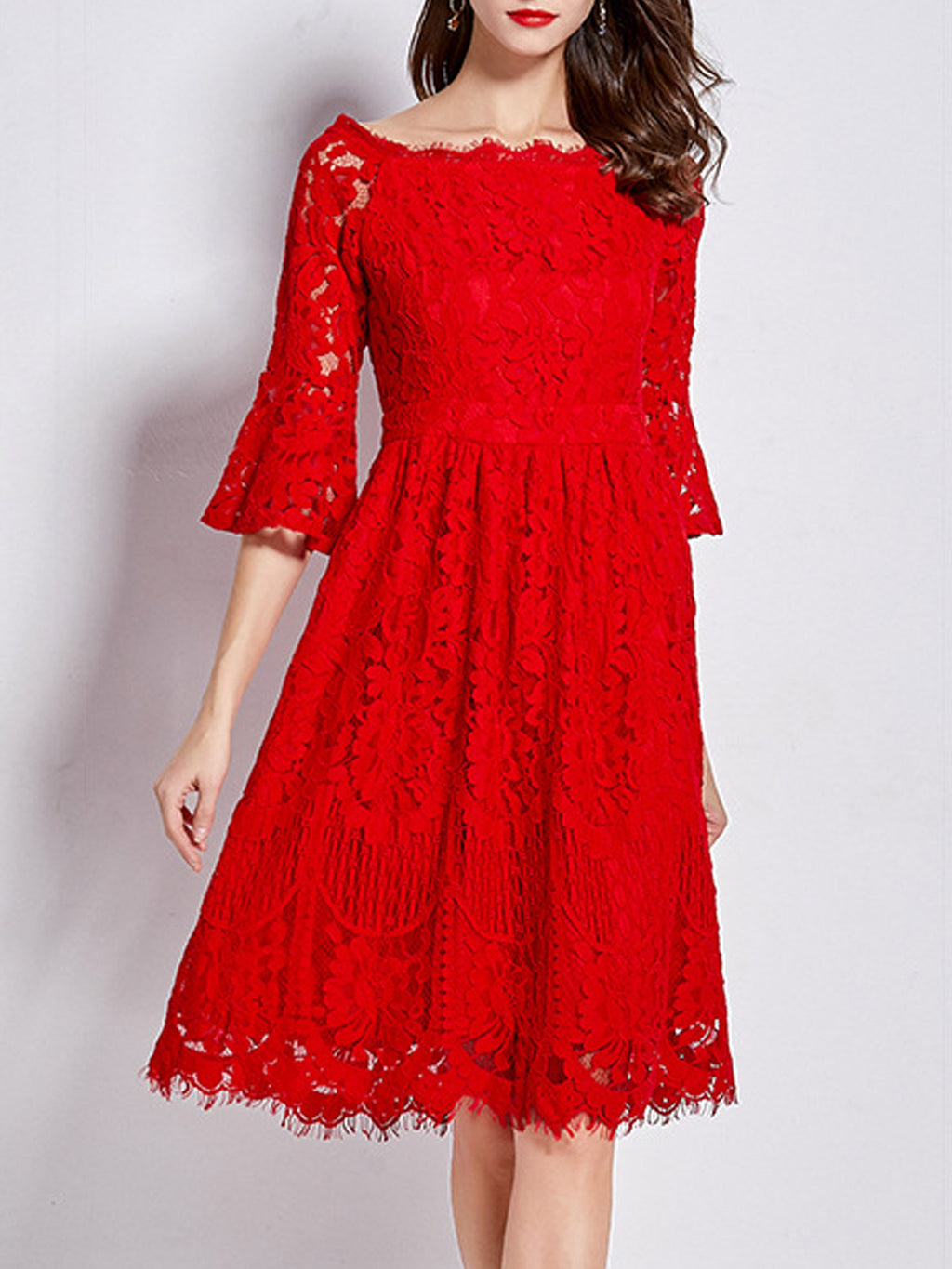 Women Wide Neck Flare Loose Sheer Sleeves Dress