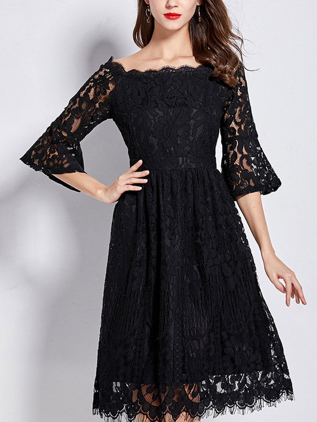 Women Wide Neck Flare Loose Sheer Sleeves Dress